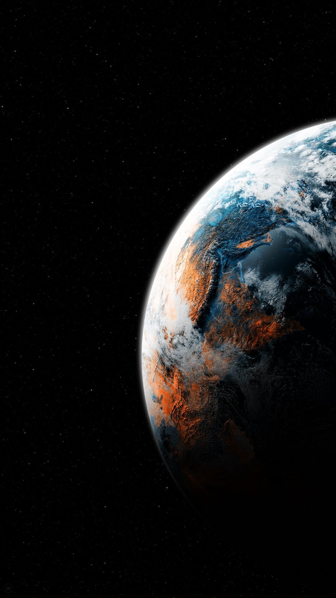 Planet Earth showing blue oceans and orange landmasses against a dark star-filled cosmos and black void.