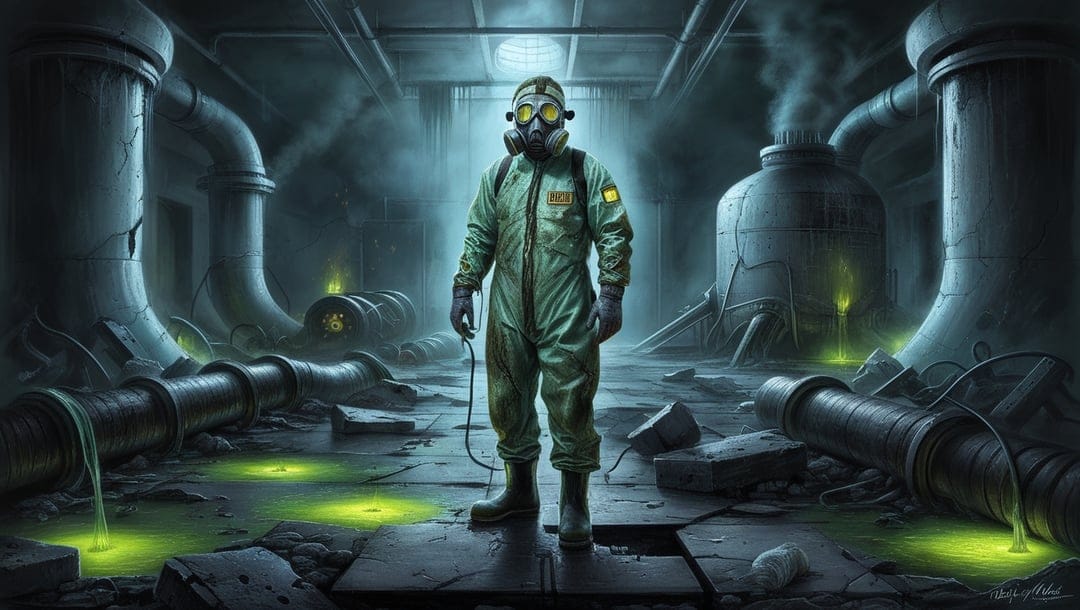 Person in a green hazmat suit and gas mask stands over glowing green liquid in a dark industrial factory setting.