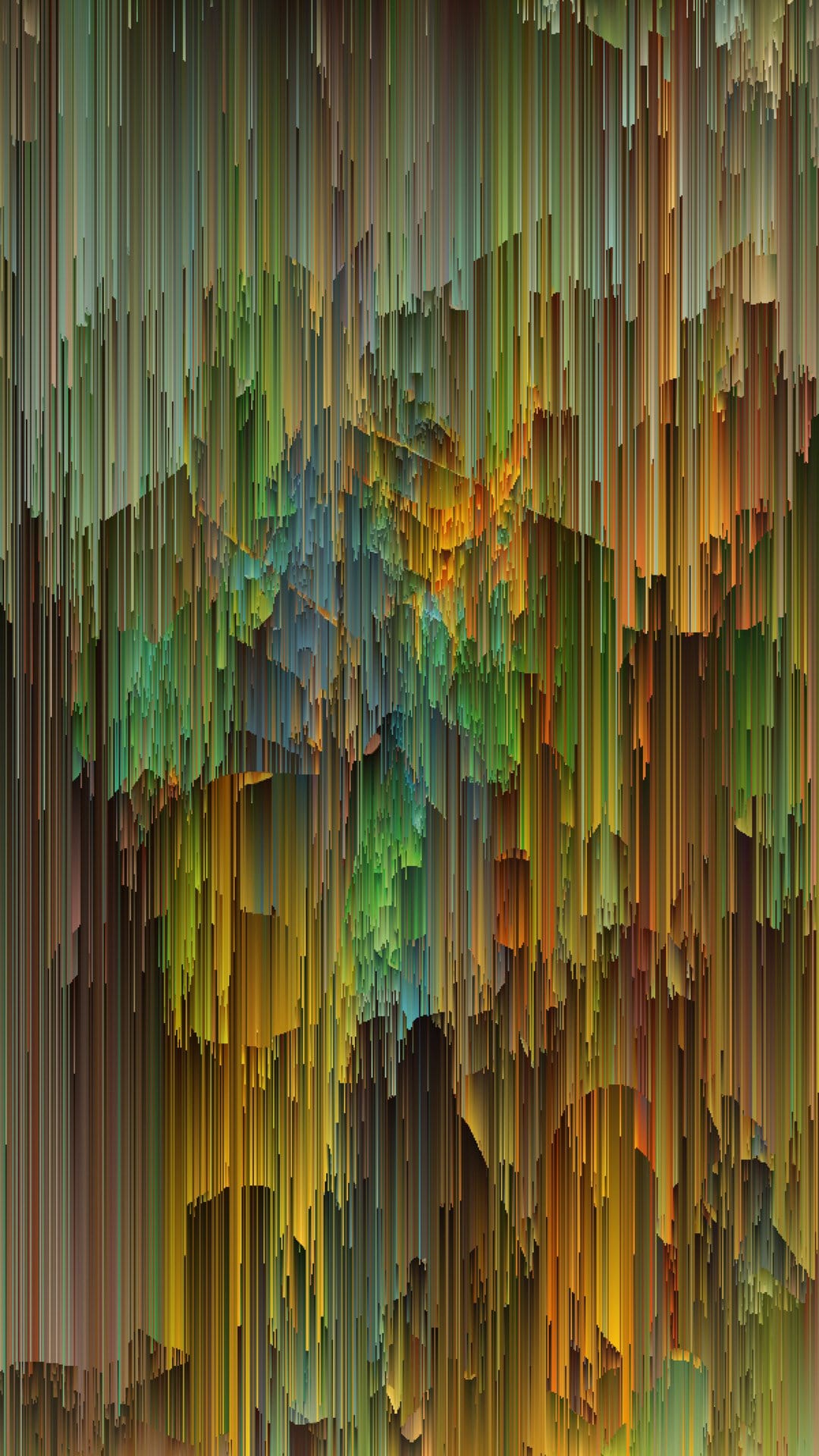 Vertical lines in shades of green, gold, and orange cascade downward with a textured, pixelated glitch effect.