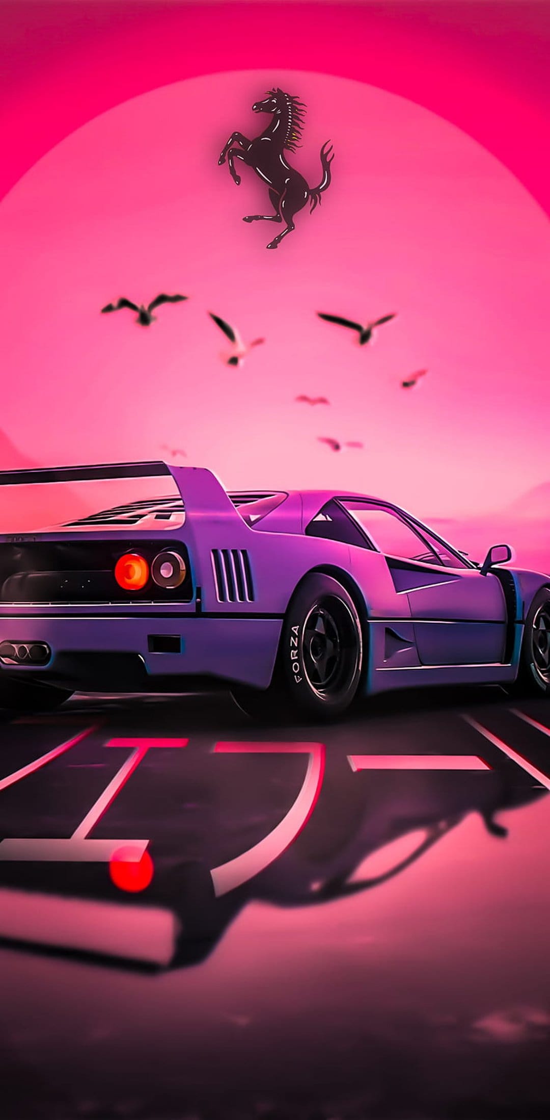 Purple Ferrari F40 on a wet road reflects a neon pink sunset sky with bird silhouettes and a glowing emblem.
