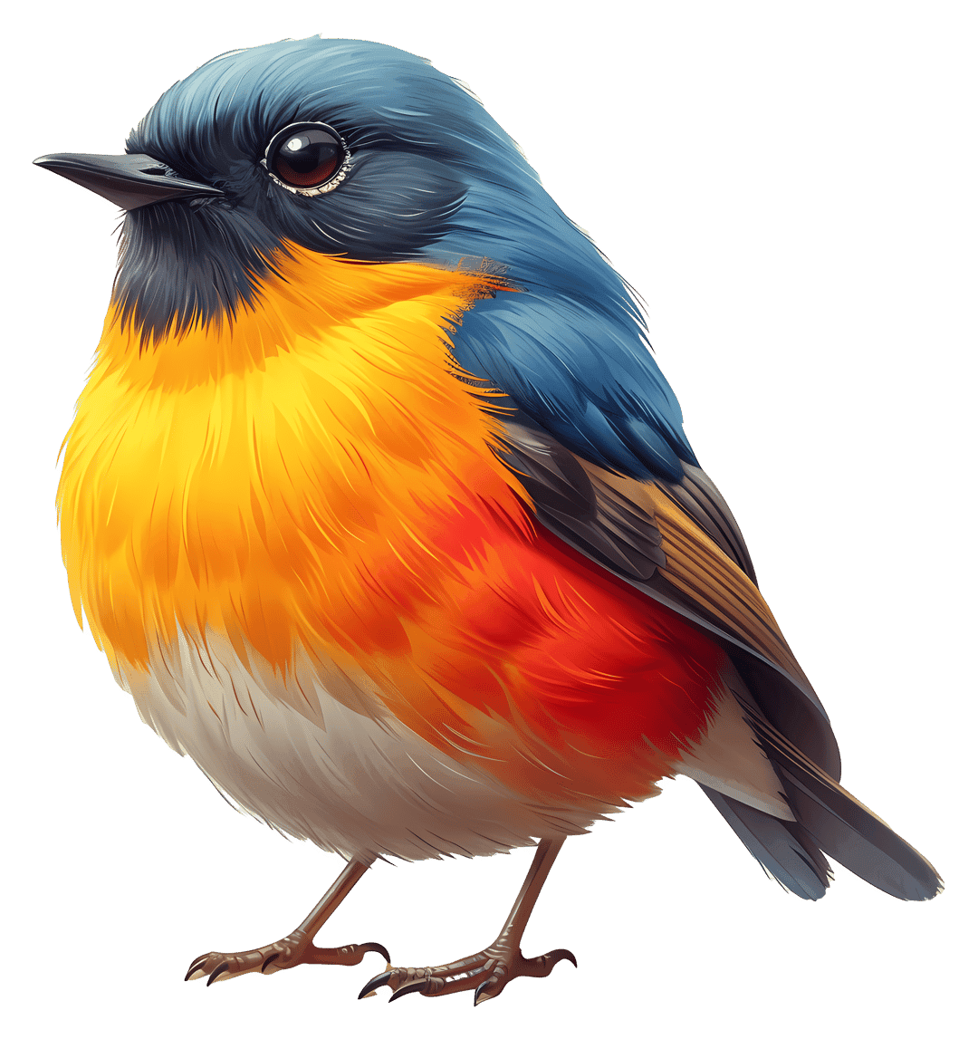 Tropical songbird illustration featuring vibrant orange and blue plumage captured in a side profile.