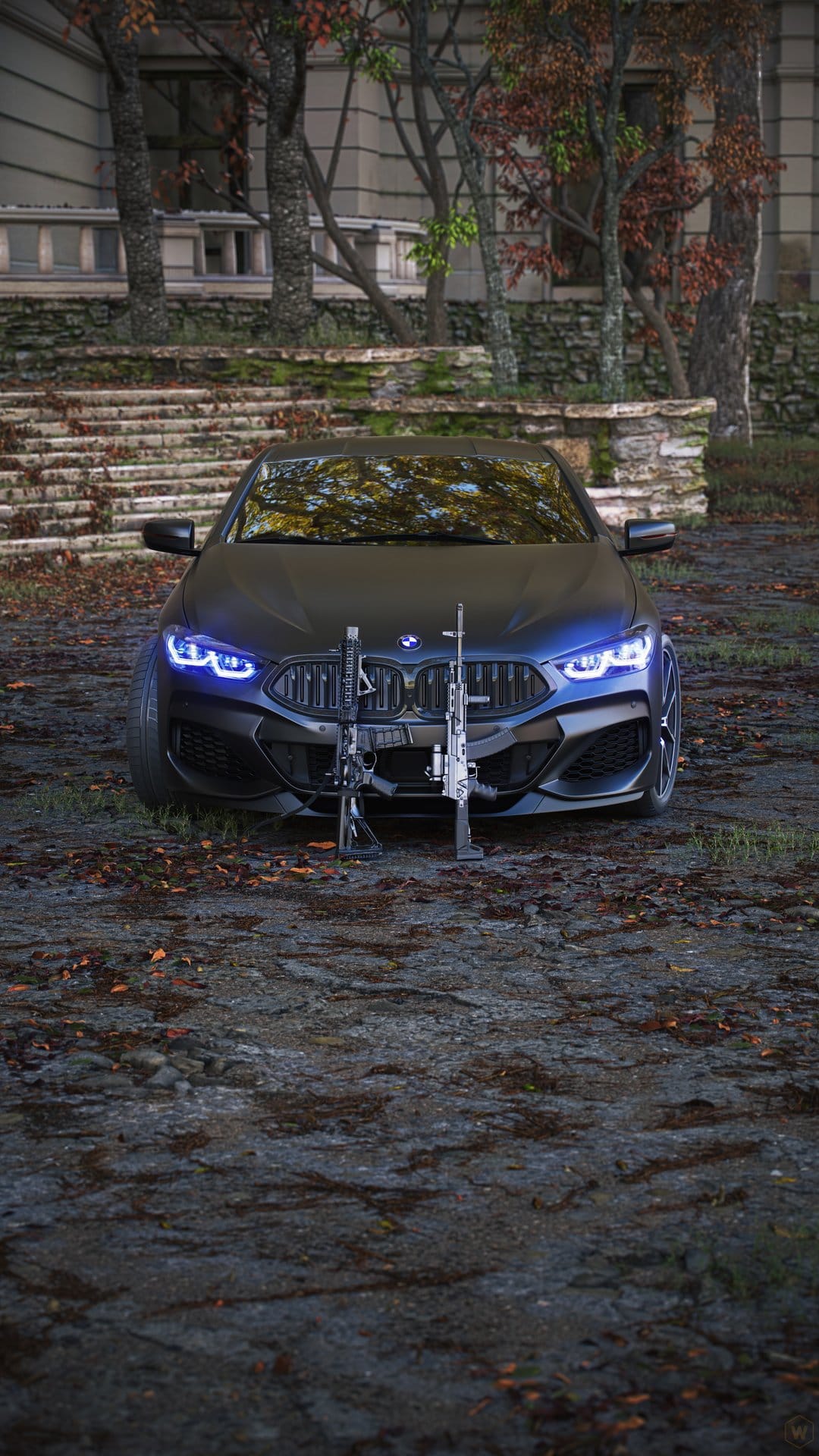 Matte black BMW sedan with blue headlights parked before two rifles and a stone mansion on a wet driveway.