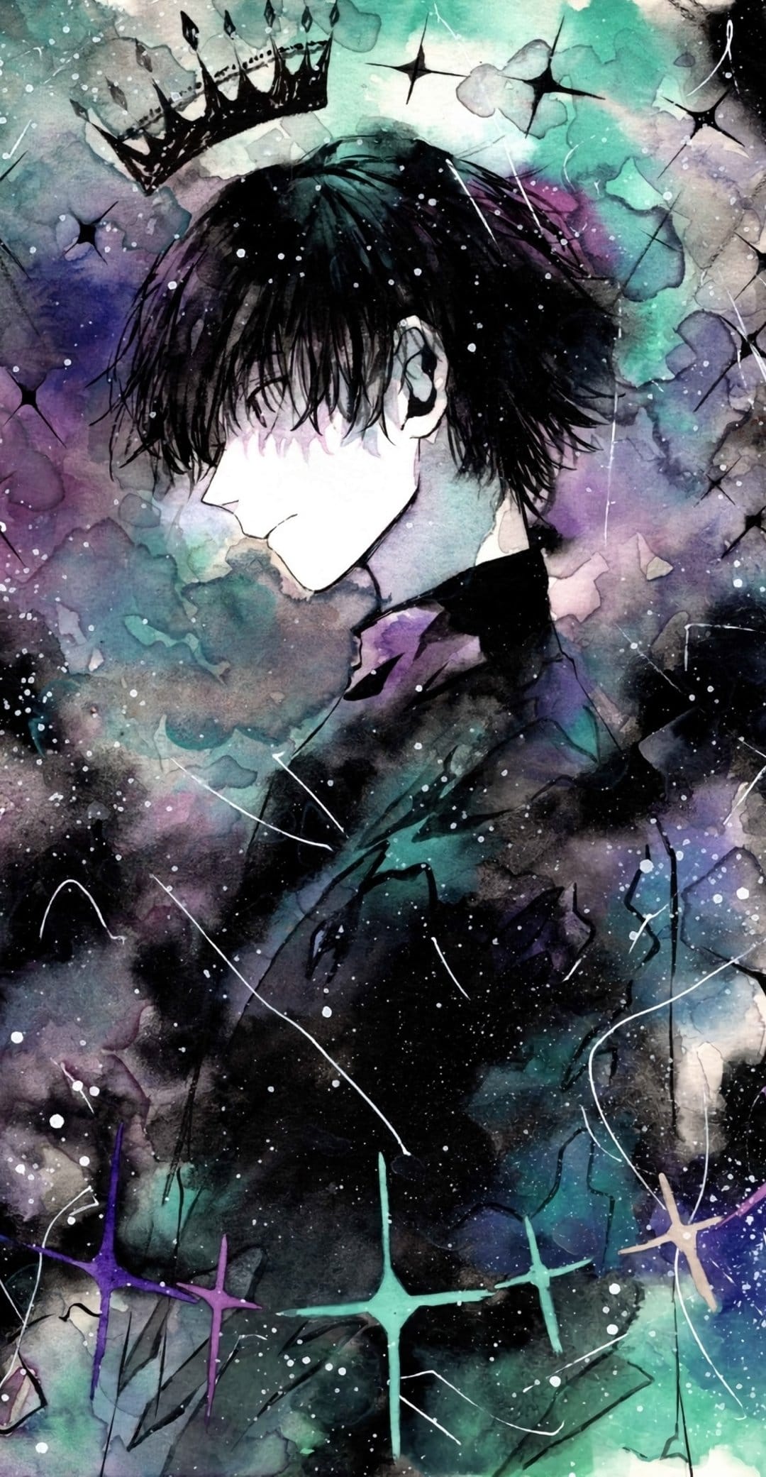 Young king with dark hair and a gold crown stands against a purple and green galaxy filled with glowing stars.