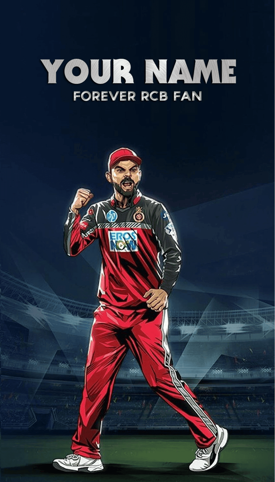 Male cricketer in a red and black jersey clenches his fist inside a dark stadium with energetic light streaks.