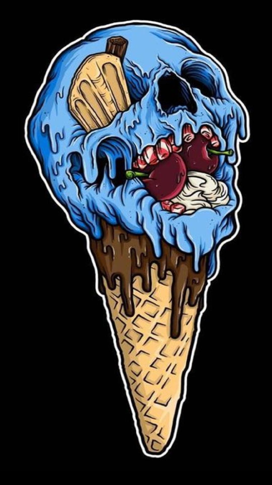 Blue skull-shaped ice cream with red cherry eyes and chocolate syrup drips against a stark black background.