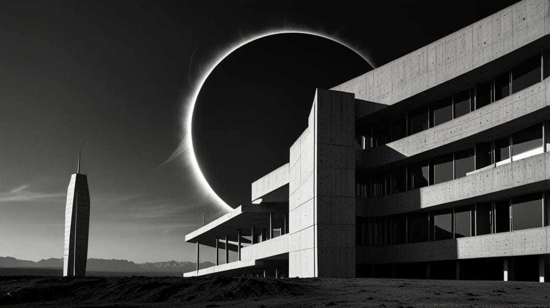 Total solar eclipse with a radiant corona above a geometric concrete building and a slender futuristic tower.