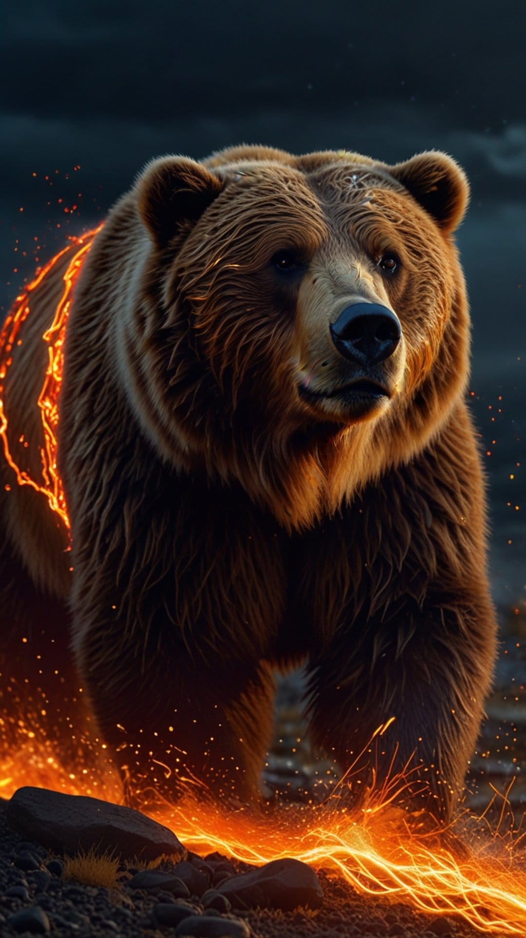 Grizzly bear with wet dark fur walking through bright orange flames and flying sparks against a black background.