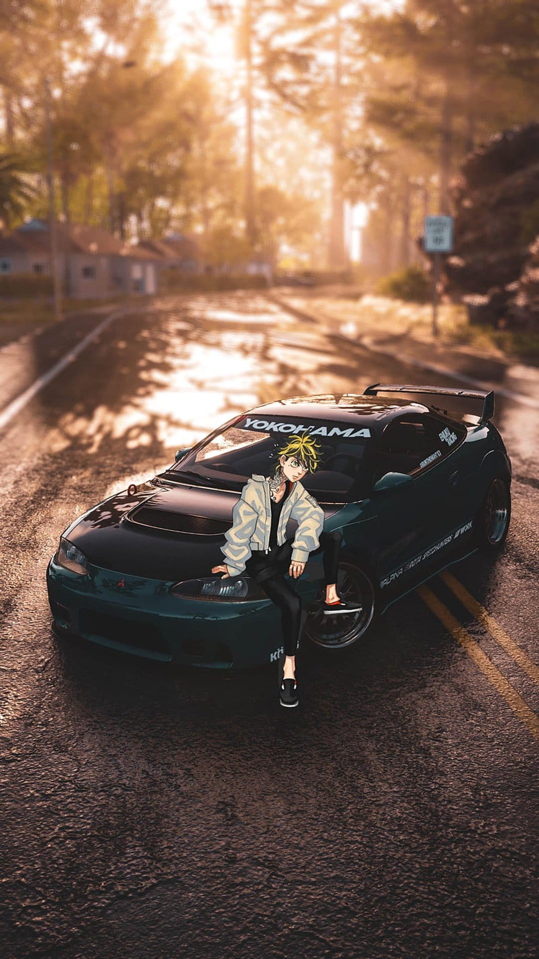 Anime character with yellow hair sits on a green sports car hood on a wet street during a golden sunset.