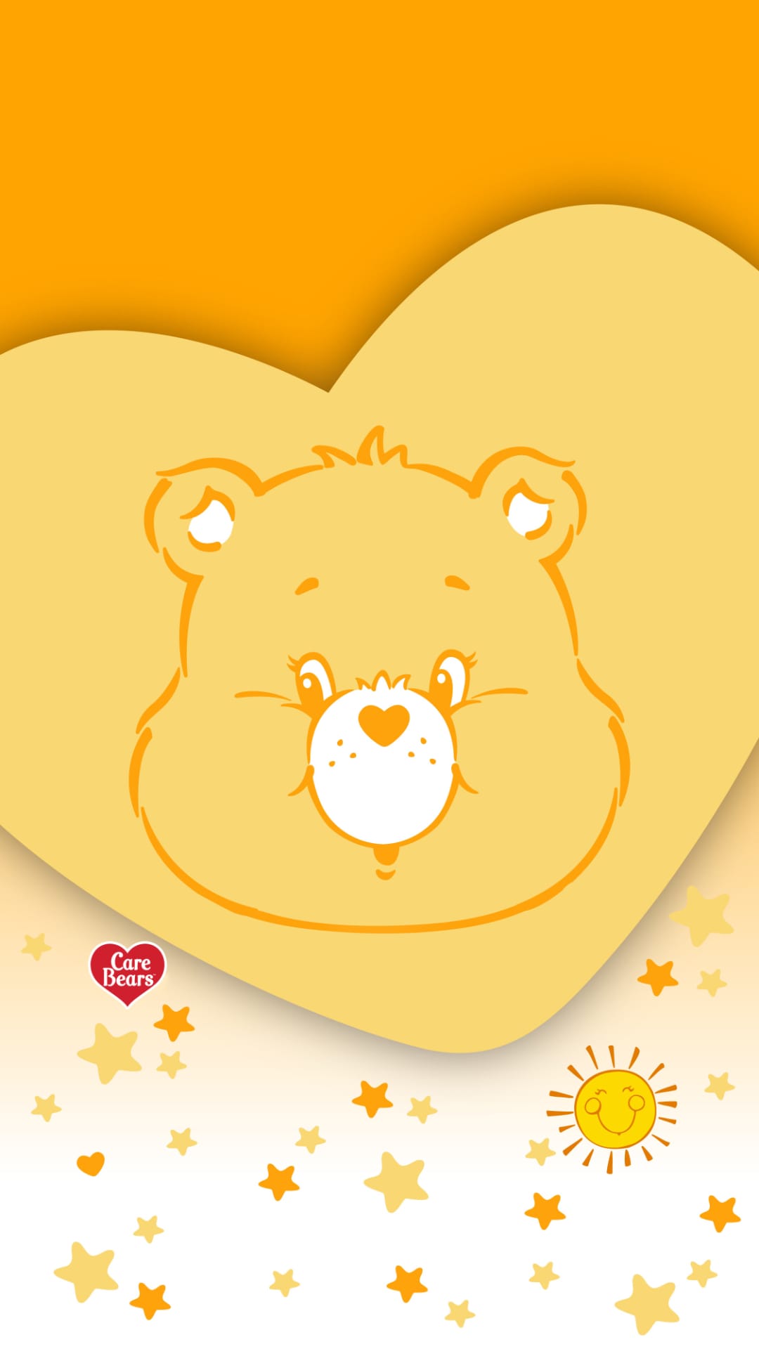 Yellow bear face centered in a large heart surrounded by a smiling sun and small yellow stars on a plain backdrop.