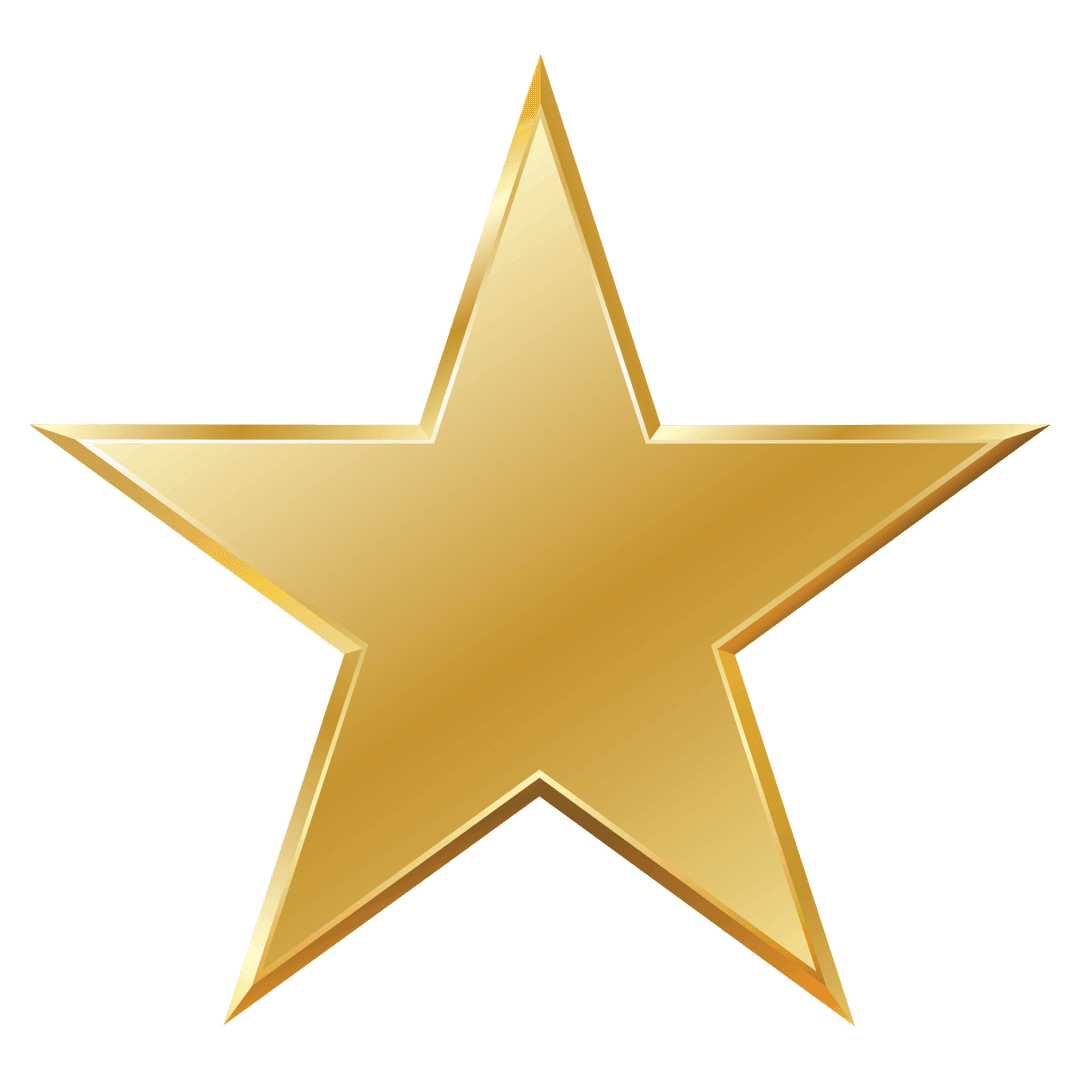 Gold star PNG features a tilted three-dimensional form with metallic sheen and sharp beveled edges on the points.