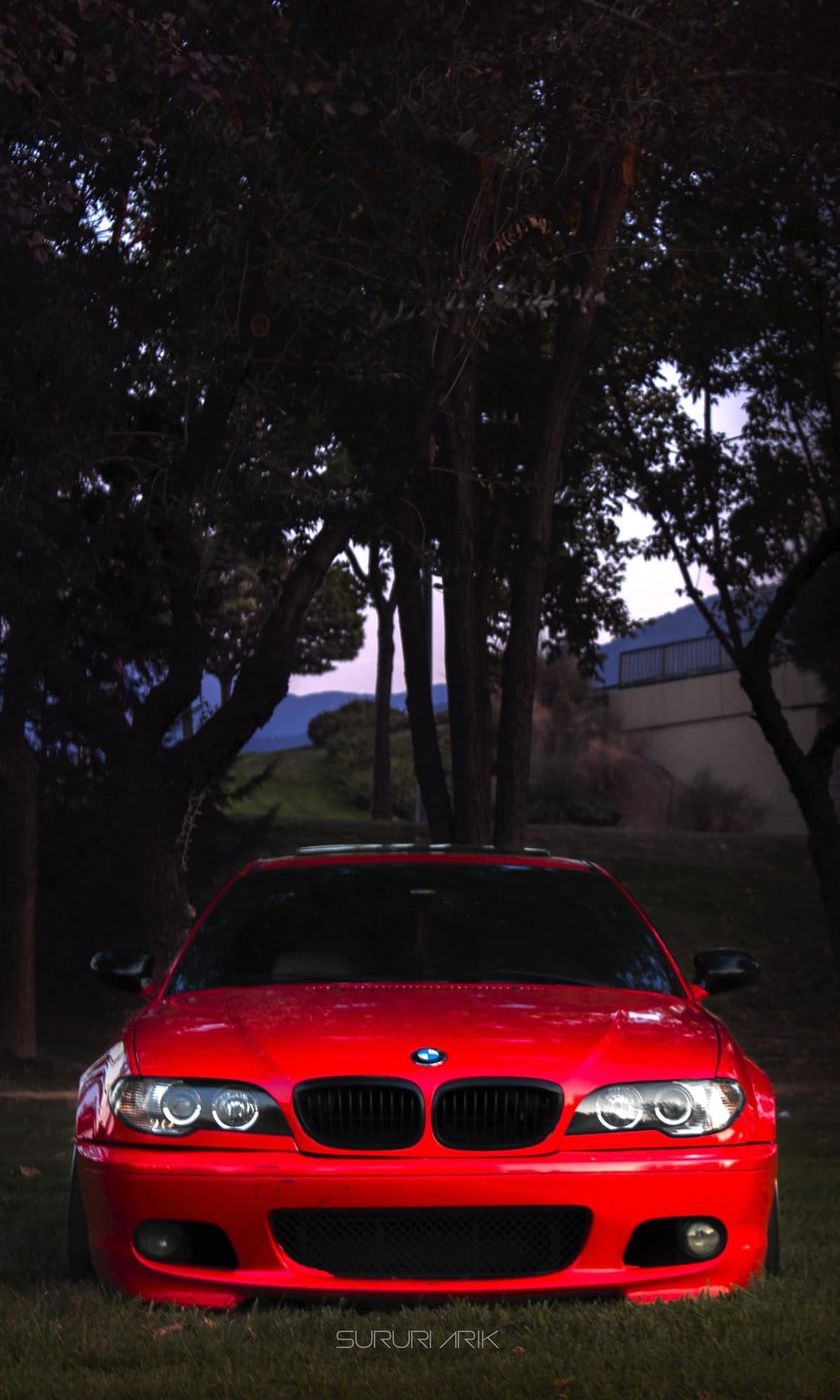 Red BMW E46 M3 coupe parked on grass with glowing headlights under trees against a dusky hill landscape.
