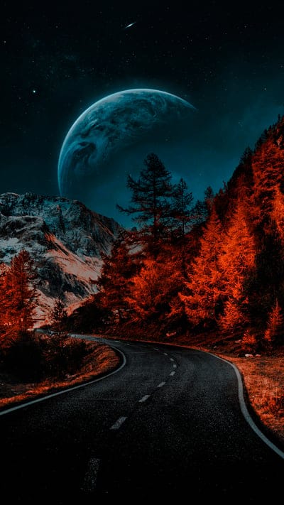 road,turn,trees,mountain,moon,starry sky