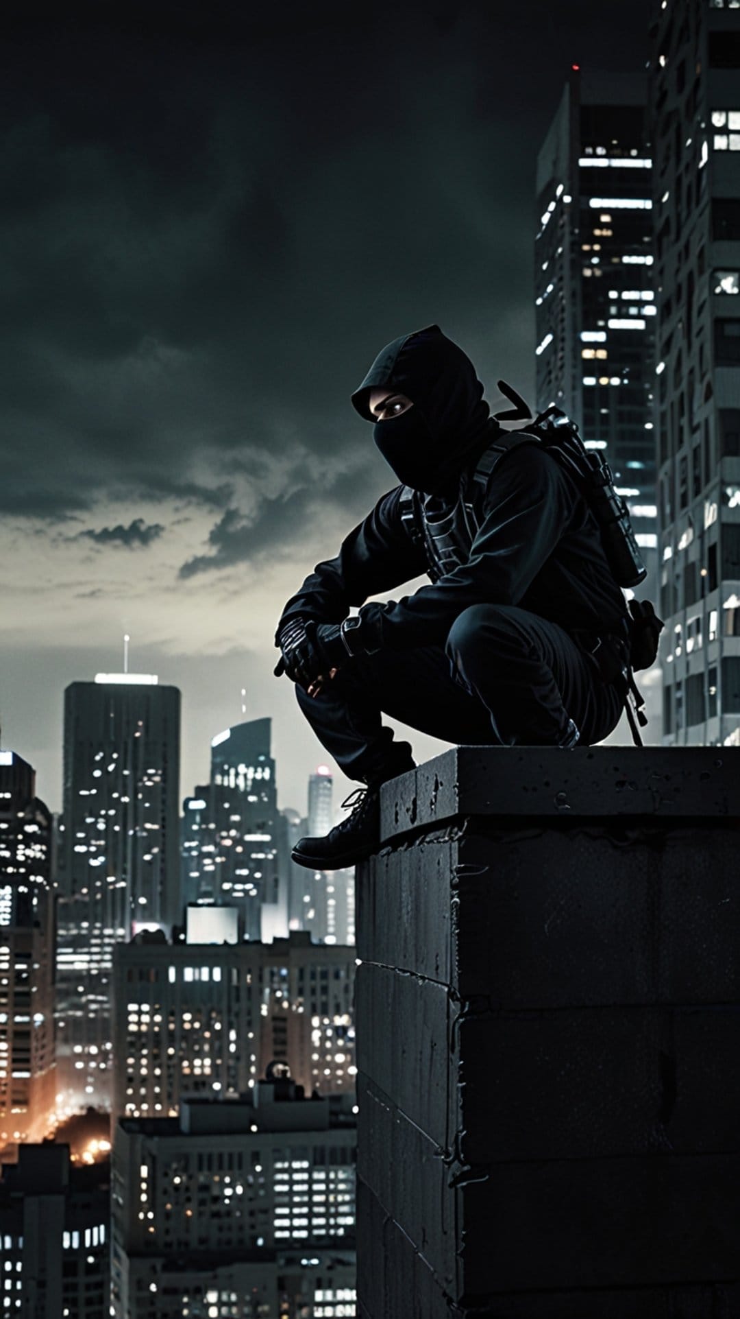 Masked ninja in black gear crouches on a skyscraper ledge overlooking a glowing urban cityscape at night.