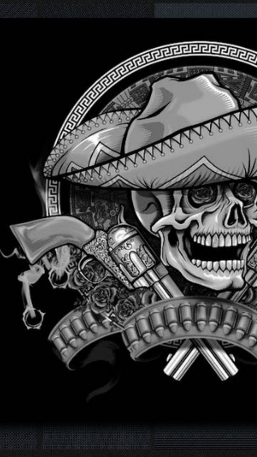 Grinning skull wearing a sombrero between two revolvers and roses inside a decorative Greek key border.