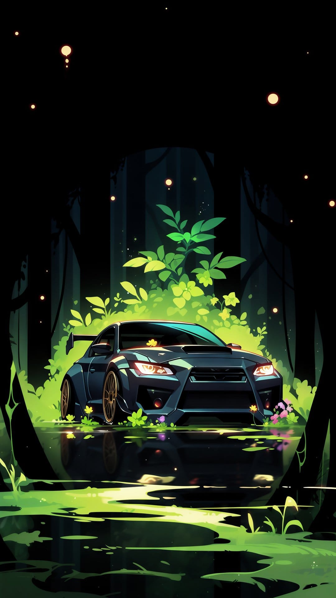 Dark sports car with glowing headlights parked in a mystical green forest with floating fireflies at night.