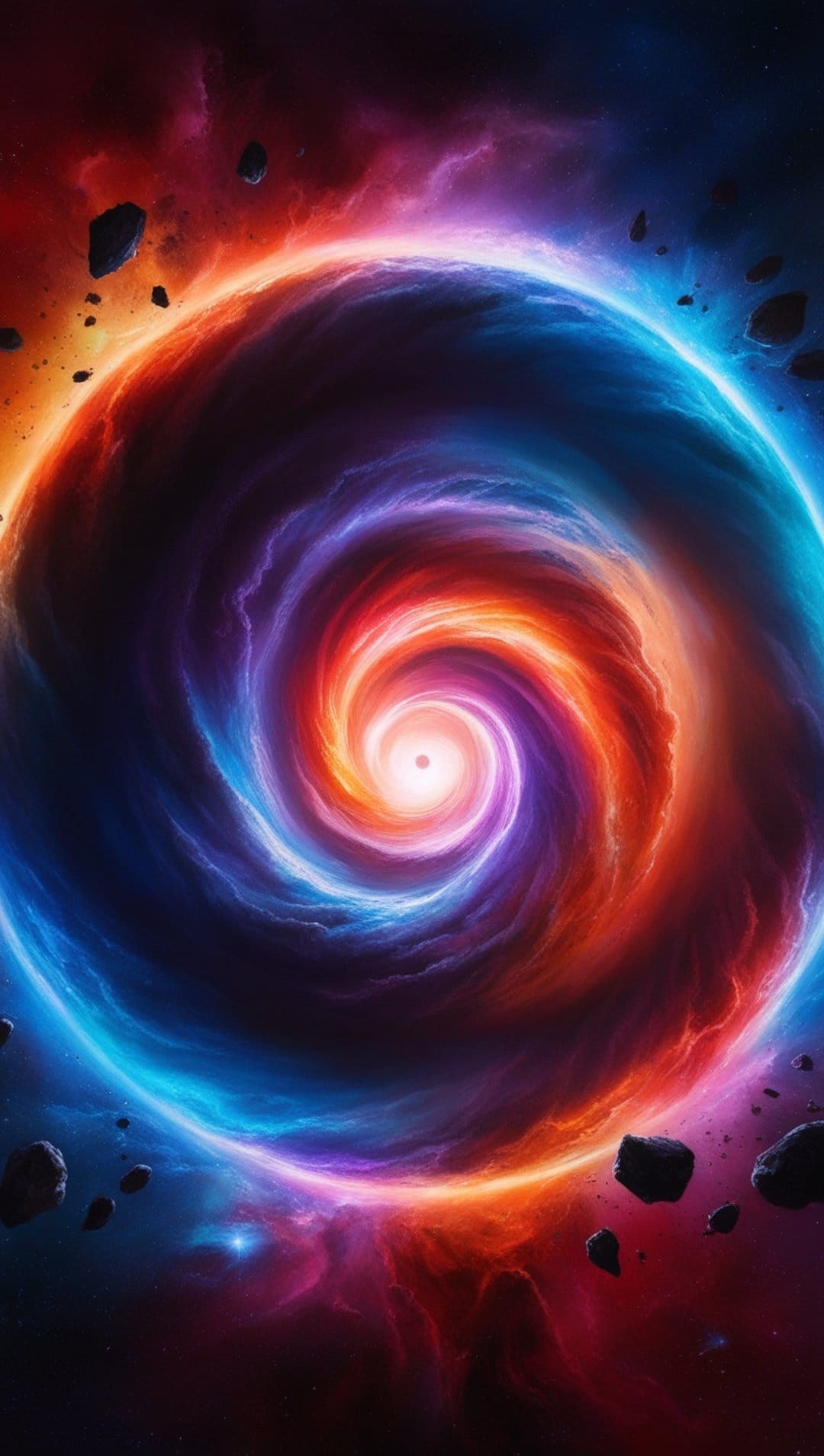 Glowing orange and purple nebula clouds swirl around a central black hole amidst drifting rocky asteroids.
