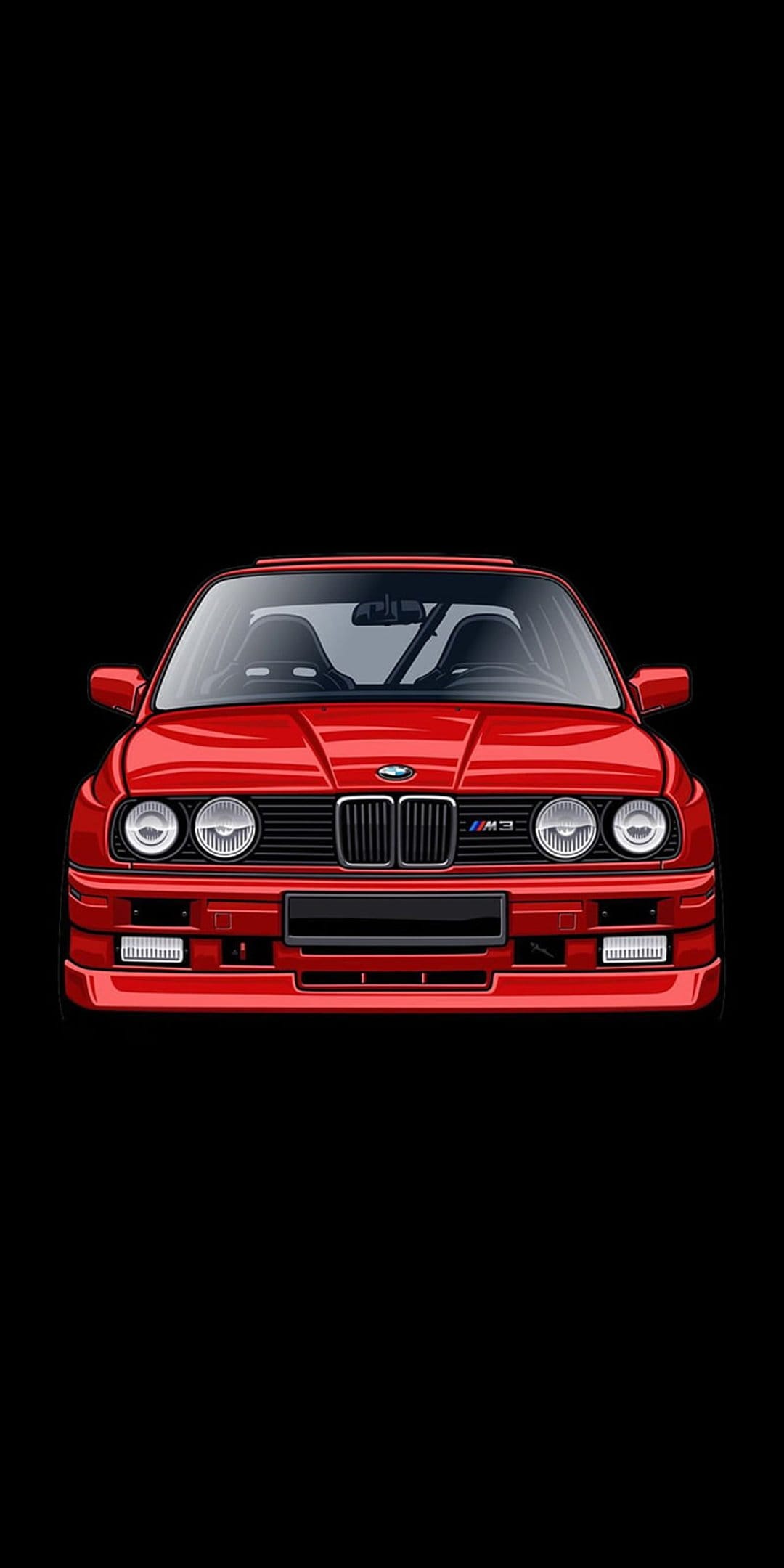 Red BMW M3 E30 front fascia showing quad headlights and a small M3 badge against a black backdrop.