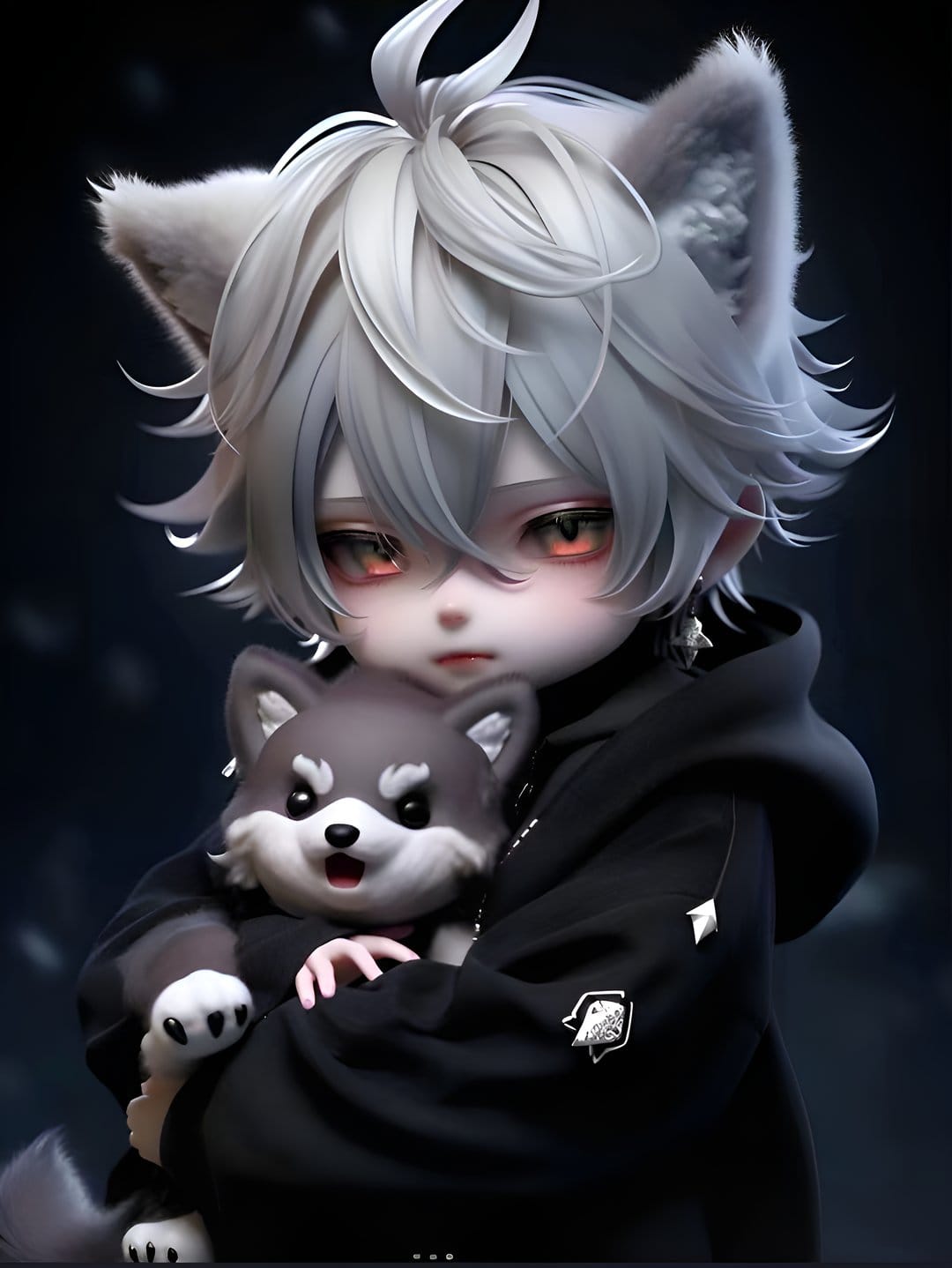 Boy with white wolf ears and red eyes holding a grey stuffed toy while wearing a dark hoodie in a close-up view.