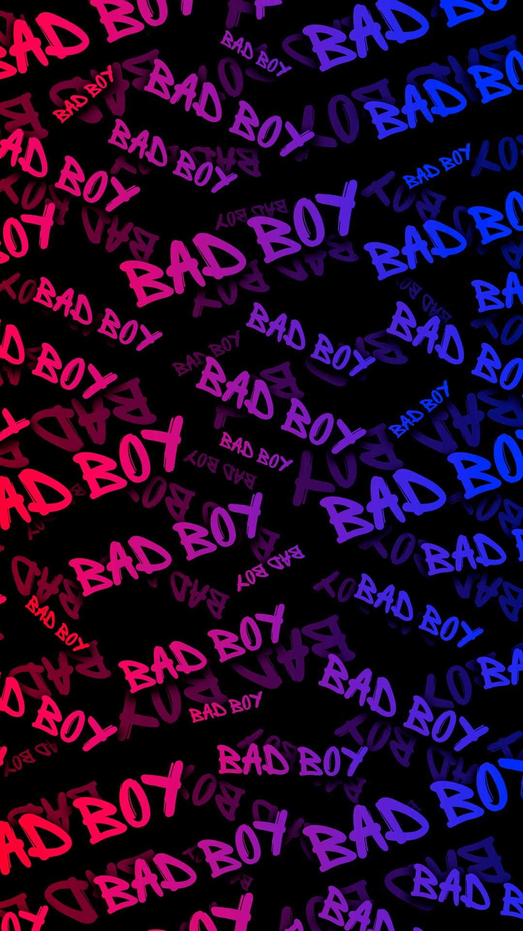 Bad boy text in pink and purple neon graffiti font repeats across a pitch black portrait background.
