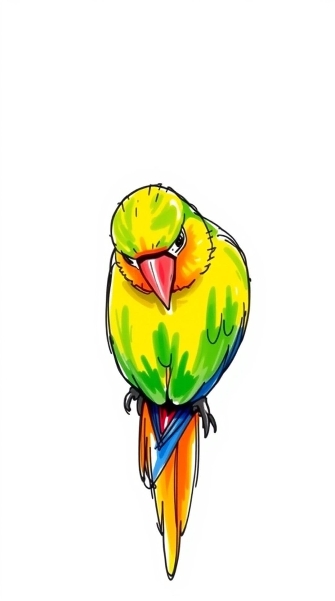 Colorful lovebird parrot with yellow and green feathers, a red beak, and a long blue tail on a plain surface.