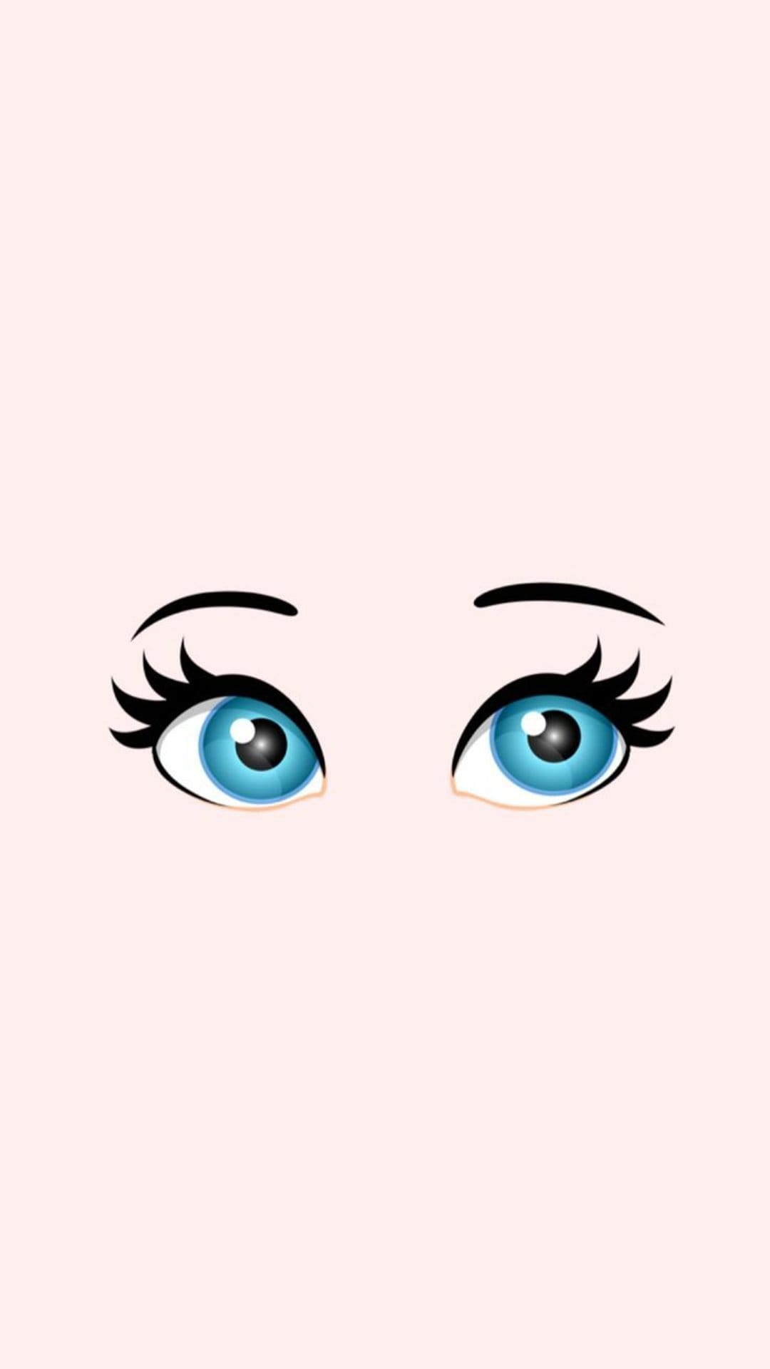 Large blue eyes with dark lashes centered on a solid light pink background, focused on the iris detail.