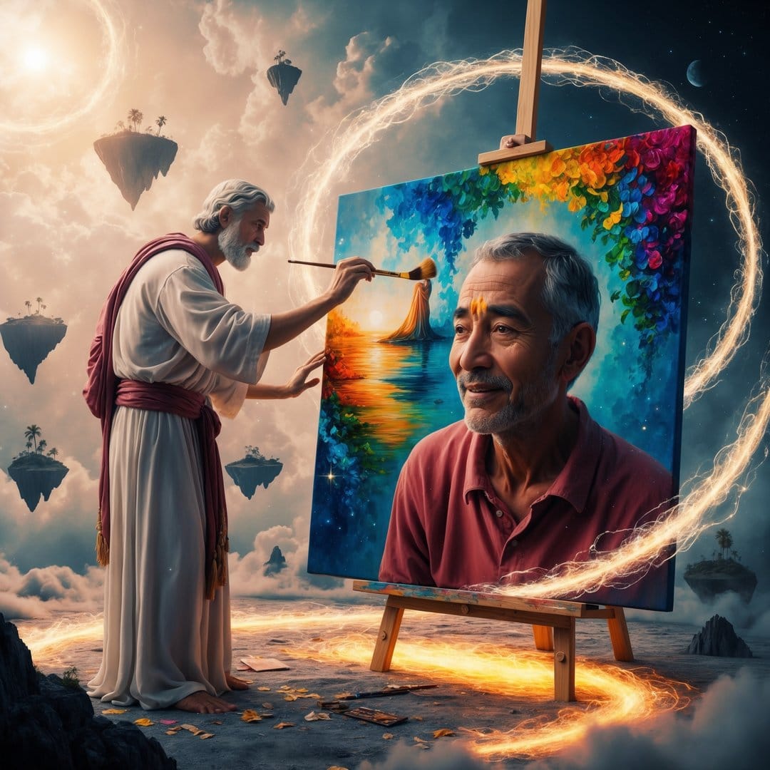 Celestial artist delicately brushing a portrait on a canvas surrounded by luminous energy and floating land.