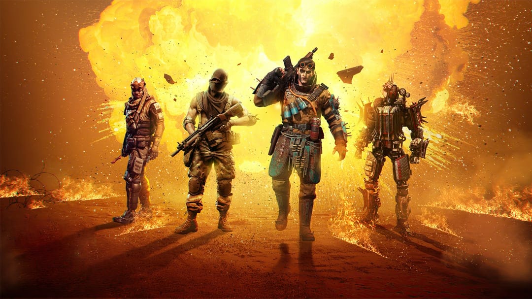 Four soldiers walking forward in front of a giant bright orange fireball explosion with flying debris.