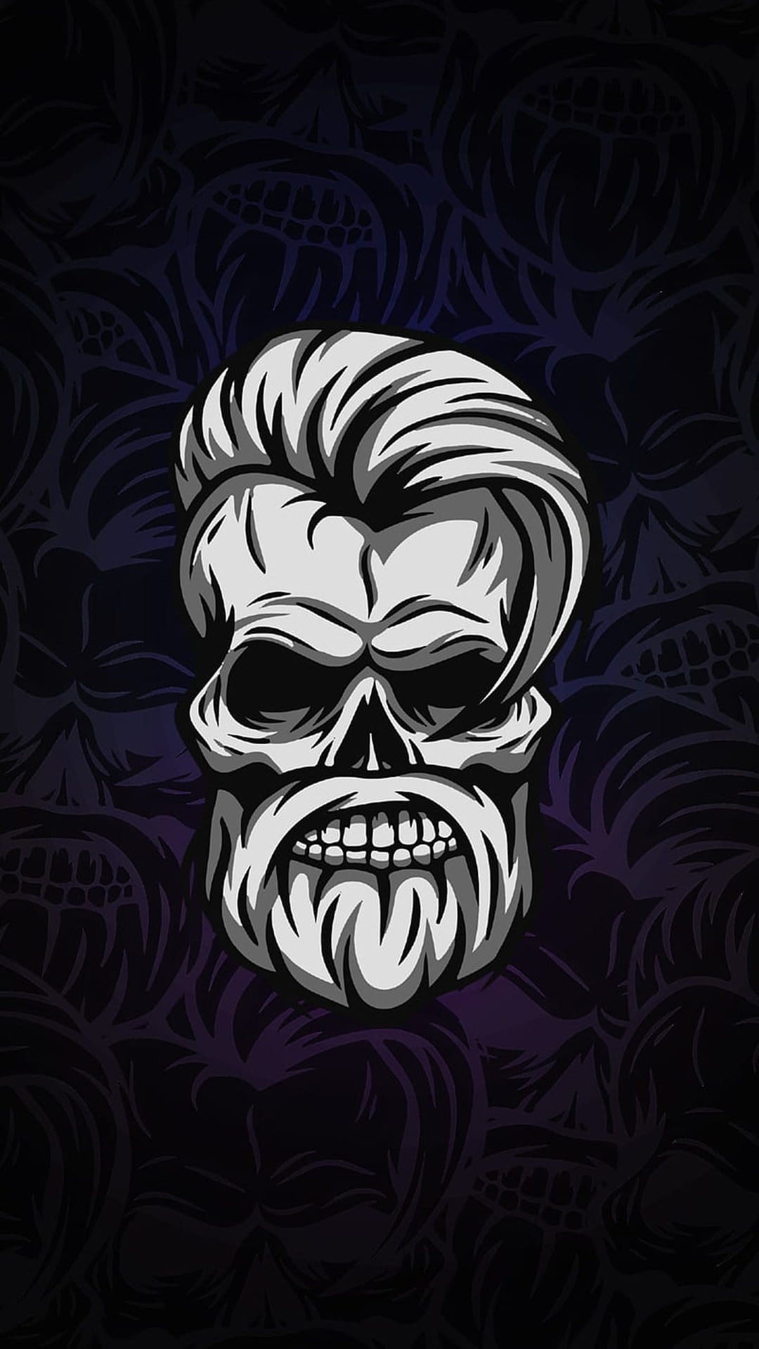 Bearded skull with slicked back hair centered on a dark grey background featuring subtle repeating skull motifs.