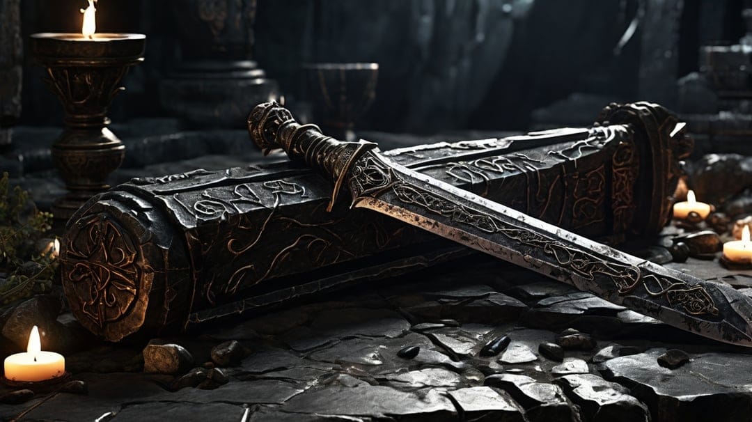 Ornate sword resting on a large chest in a dark stone room illuminated by flickering candles and soft shadows.