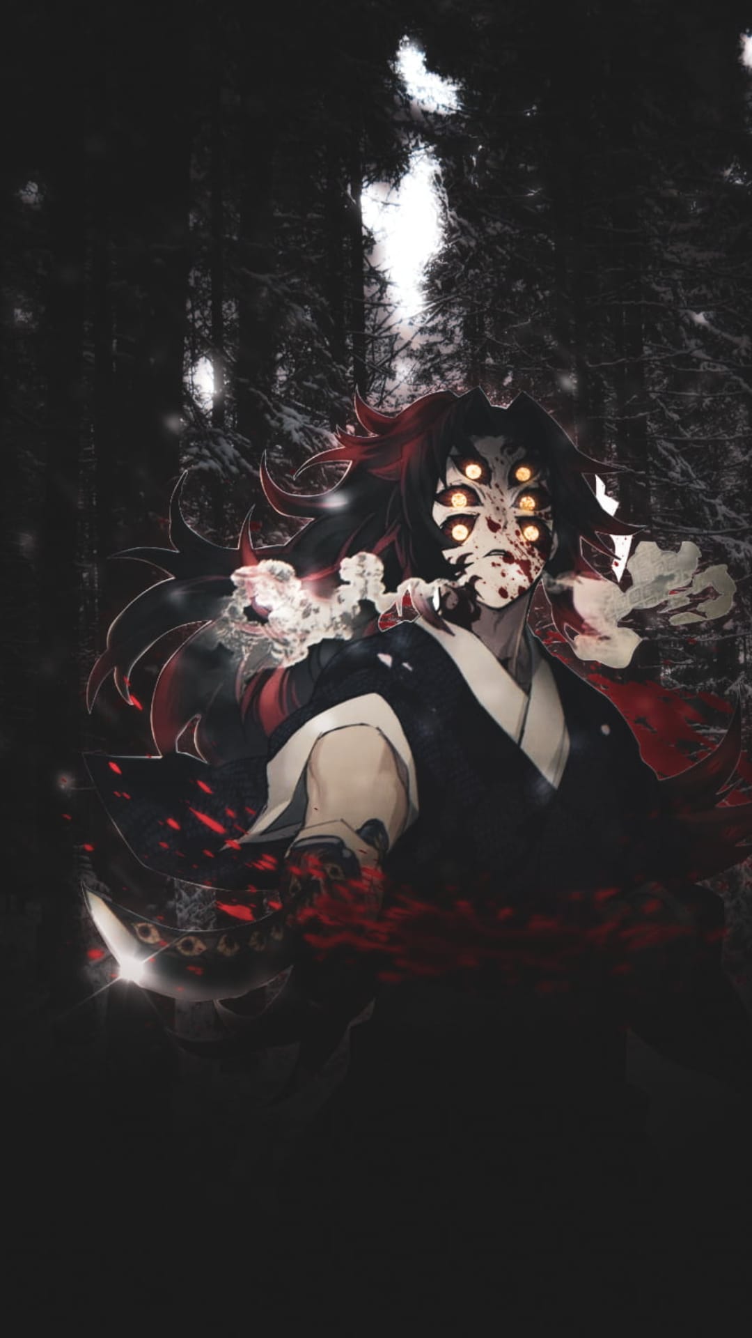 Muzan Kibutsuji with multiple glowing red eyes stands in a dark misty forest with blood red accents and white fog.