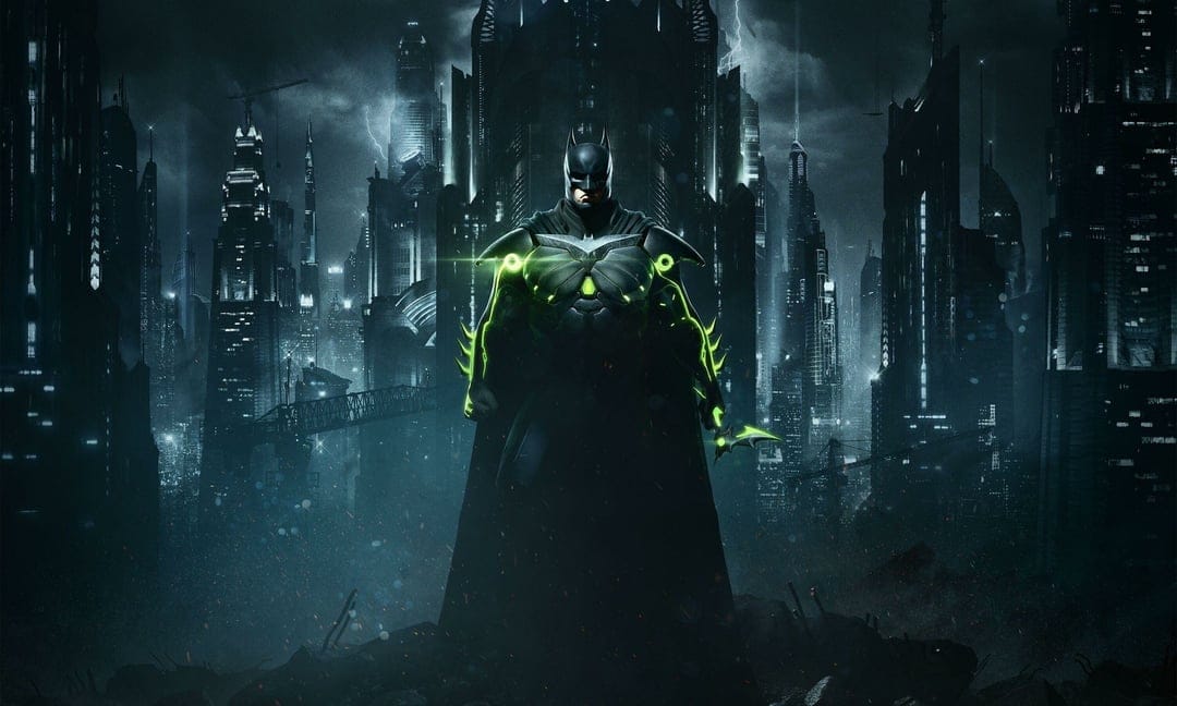 Batman in black armor with glowing green lights stands before a dark, rainy futuristic city skyline at night.
