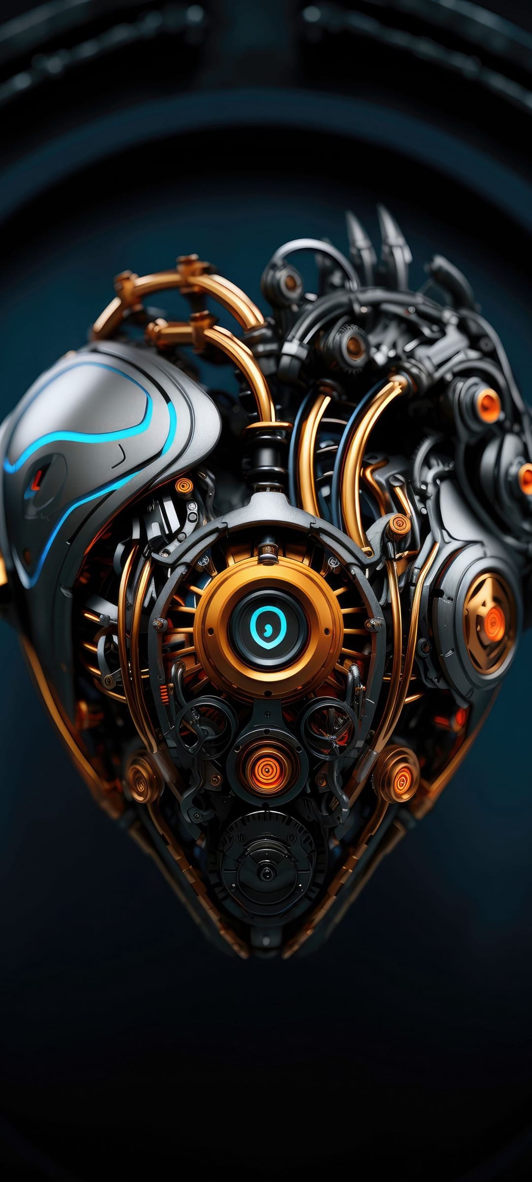 Mechanical heart with interlocking gears and glowing blue and orange tubes against a dark blurred background.