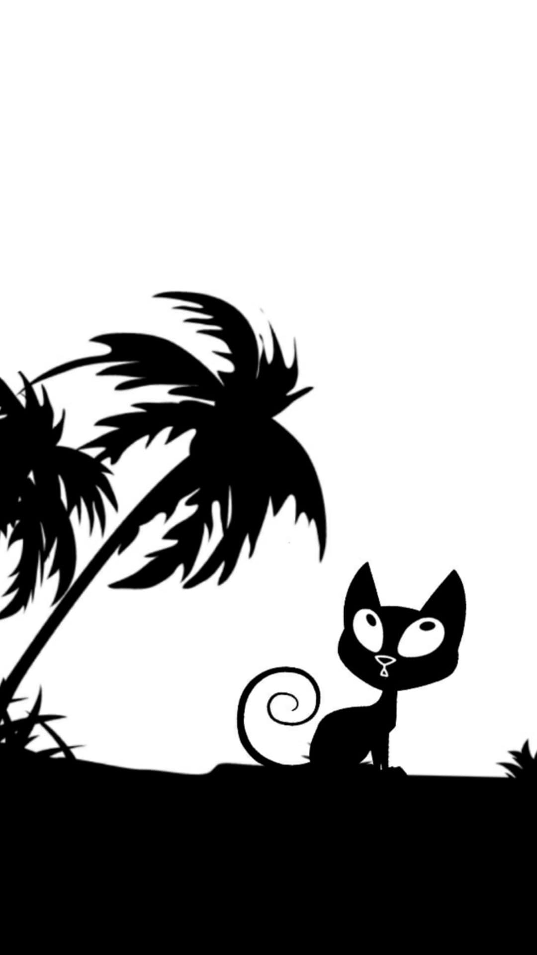 Black cat sitting in silhouette beneath stylized palm trees against a solid white backdrop in a vertical frame.