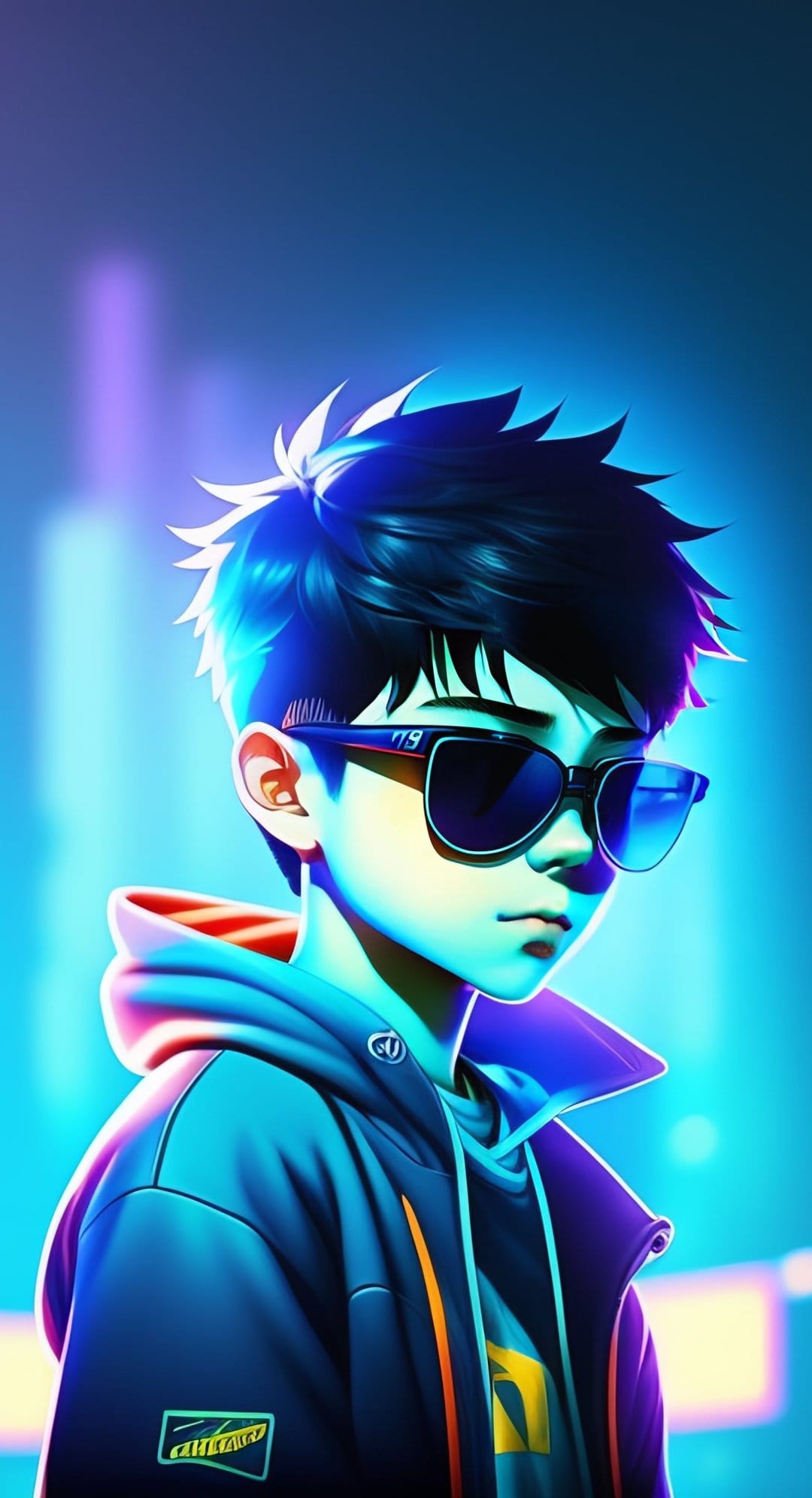 Anime boy wearing dark sunglasses and a blue hoodie stands before a glowing purple and blue neon city skyline.