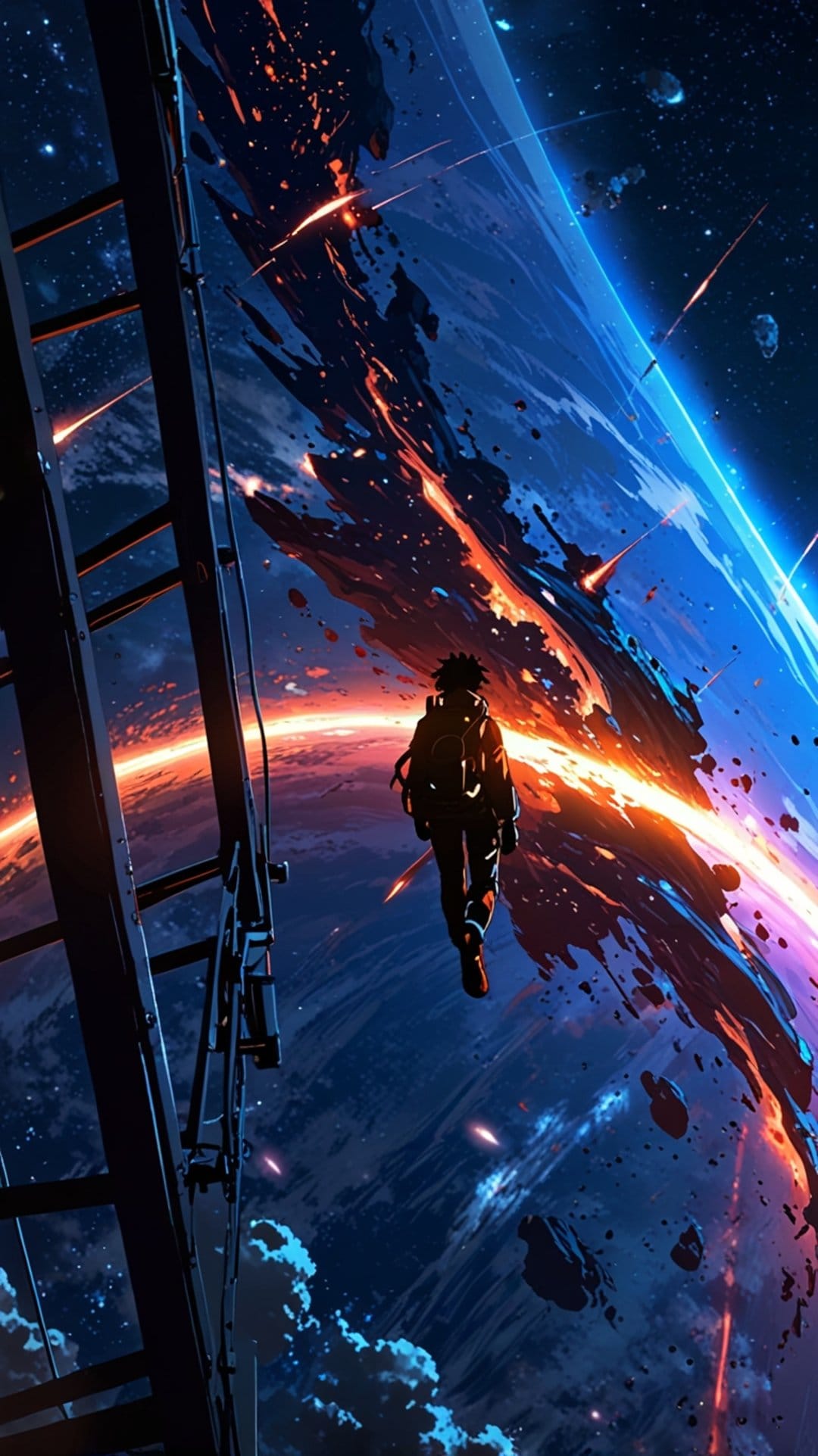 Astronaut with a sword stands on a space ladder viewing a burning planet with falling meteors in a dark sky.