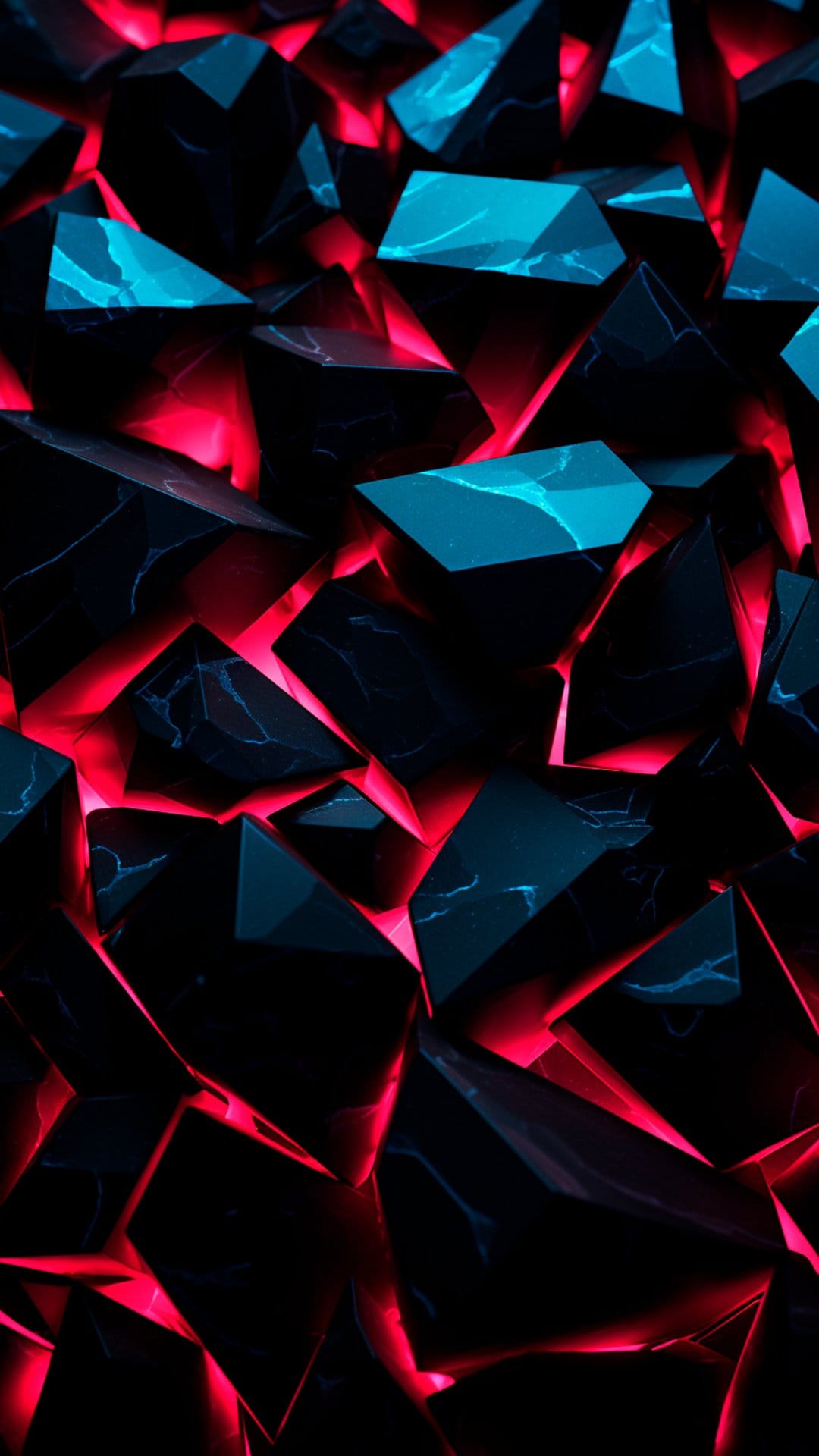 Sharp geometric crystal shards glowing with internal neon red light and blue accents against a dark background.