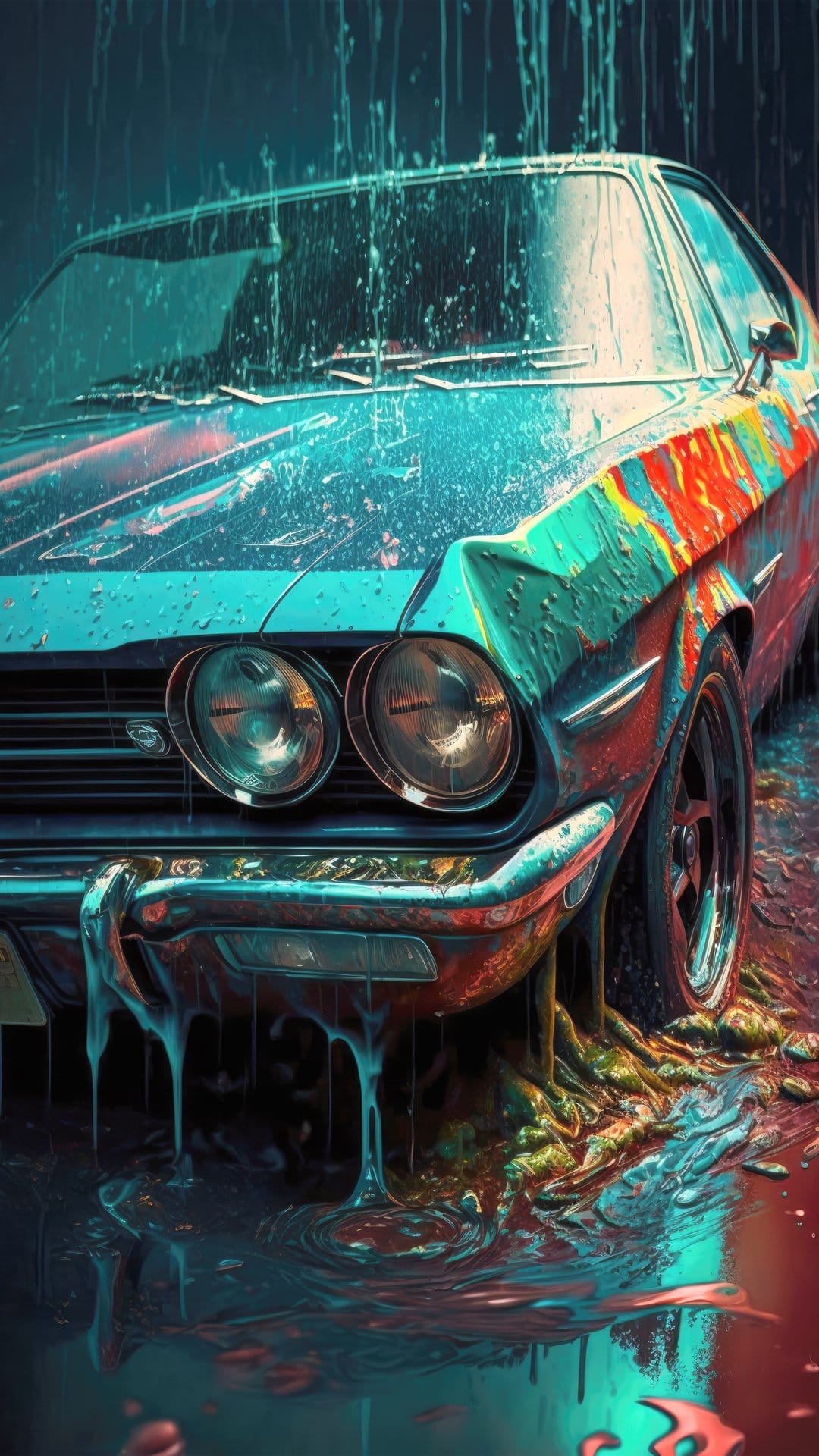 Classic car covered in neon paint drips and water droplets under dramatic lighting with a blurred backdrop.