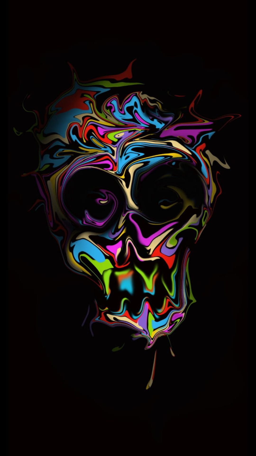 Human skull dissolving into vibrant swirls of neon red, purple, and blue liquid against a solid black background.