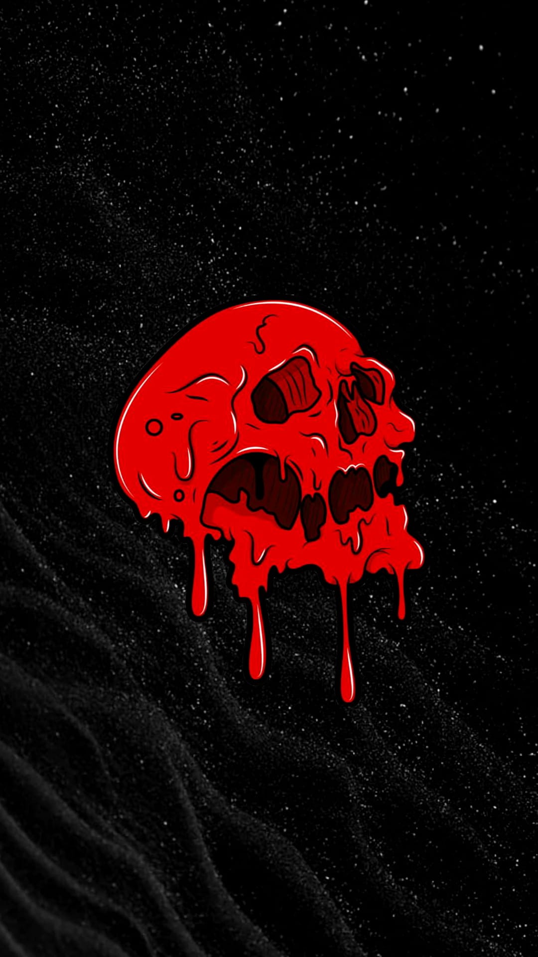 Red skull dripping with liquid against a black starry night sky and textured dark waves at the bottom.