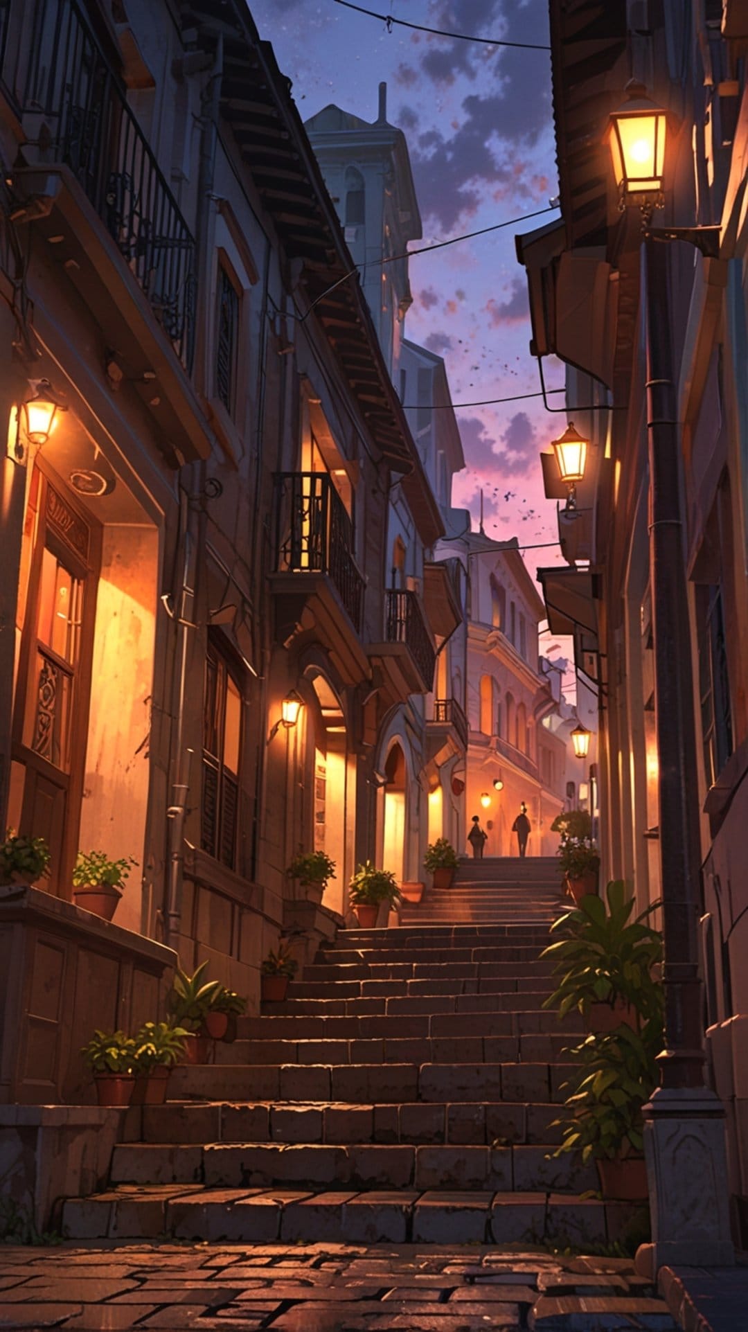 Stone stairs wind past historic buildings and glowing lanterns under a vibrant purple and pink twilight sky.
