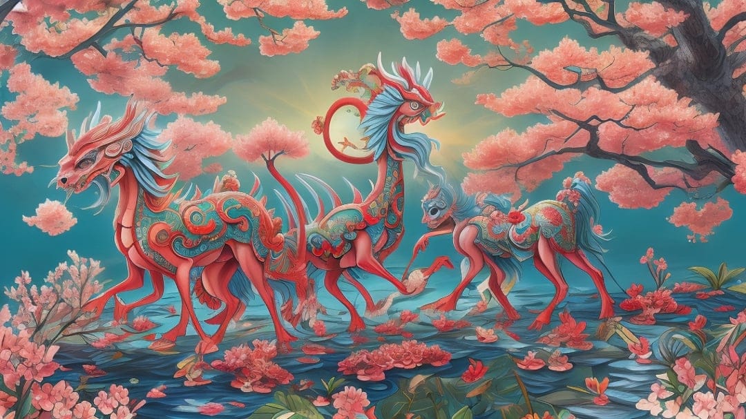 Turquoise and coral dragons navigate through water amidst a canopy of pink cherry blossom petals.