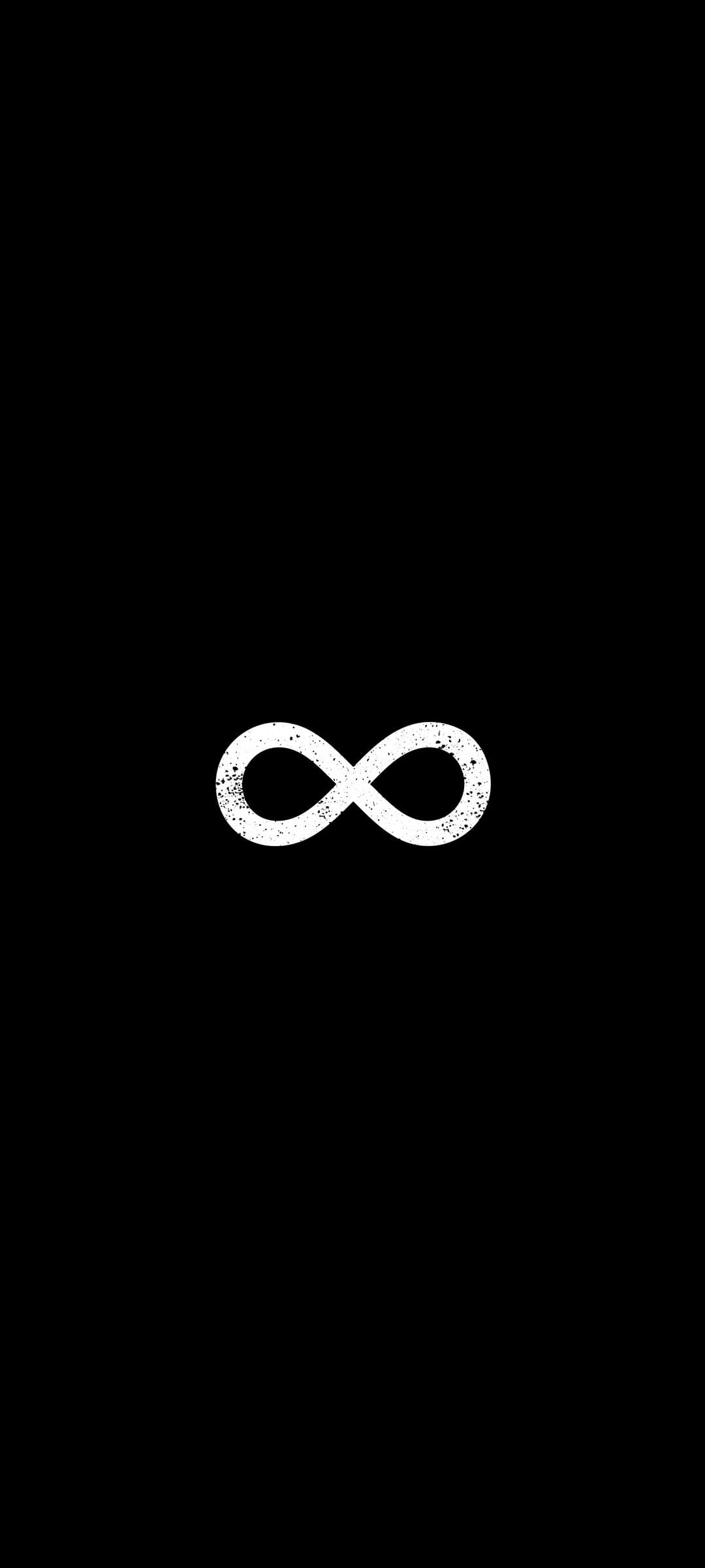 White infinity symbol with a weathered texture centered against a solid black background in a vertical format.