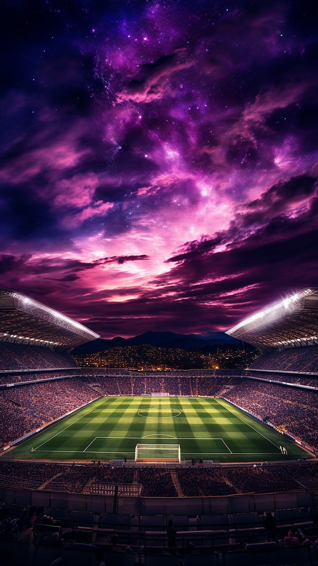 Glowing soccer field under a swirling purple nebula with bright stadium lights and crowded spectator stands.