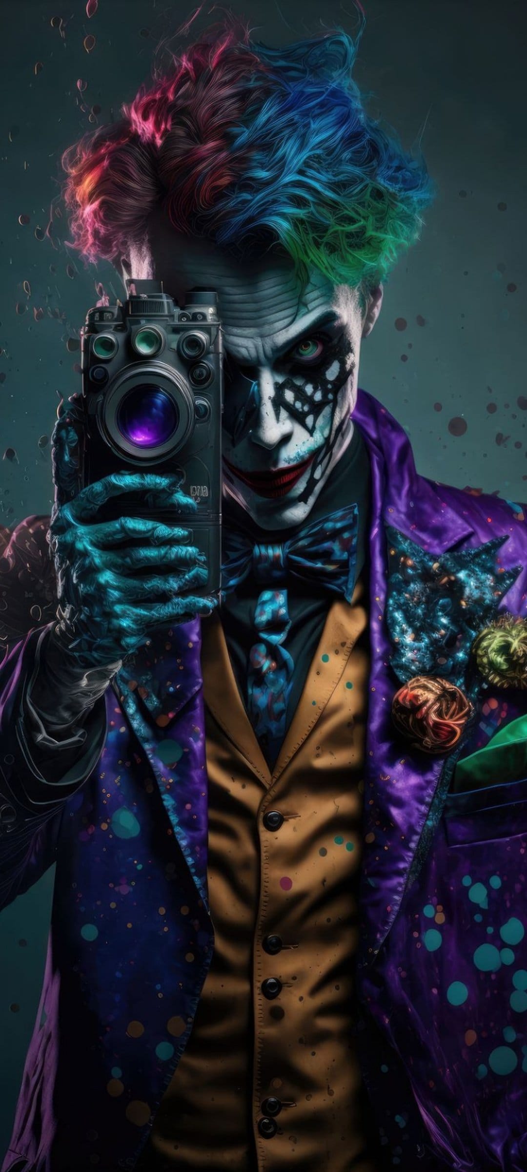 Joker character with rainbow hair holds a vintage camera, wearing a paint-splattered purple suit and gold vest.
