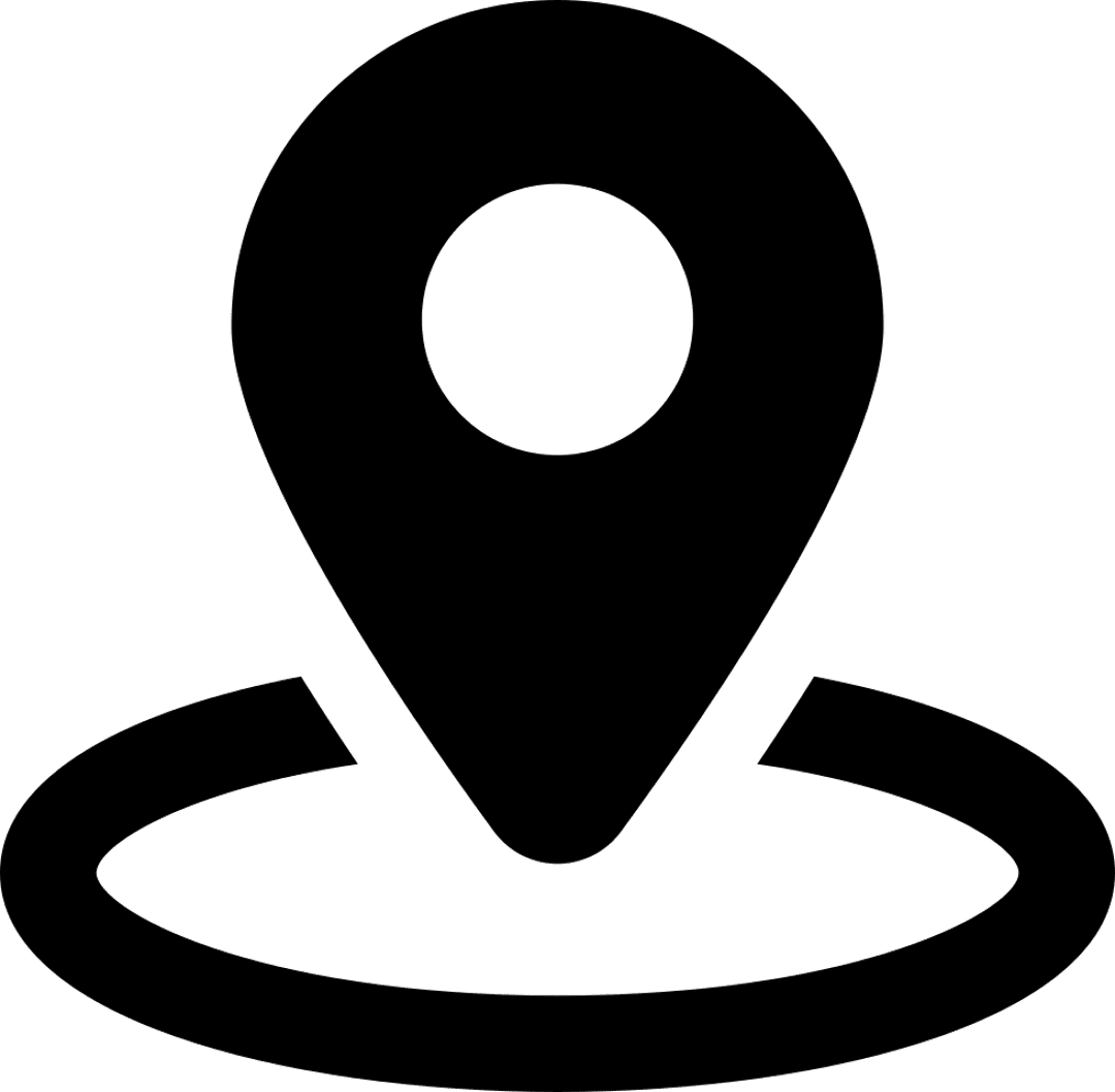 Map pin icon silhouette with a white directional arrow inside a black circular geolocation symbol frame.