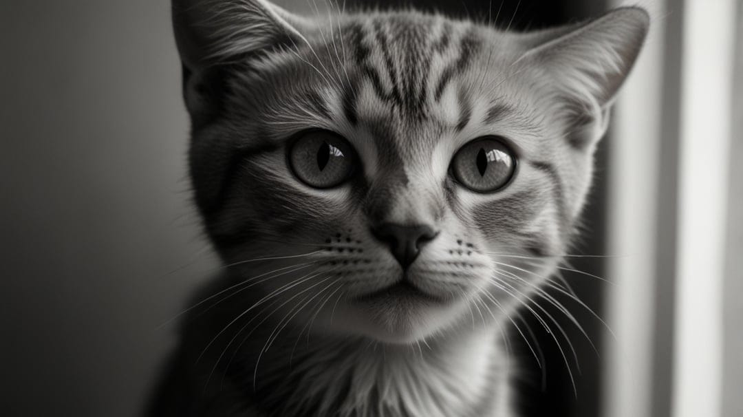 Tabby kitten face in a high-contrast black and white portrait featuring large eyes and detailed white whiskers.
