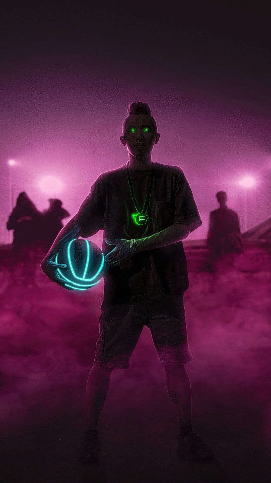 Hooded athlete with glowing green eyes holds a luminescent blue basketball in a purple misty urban setting.