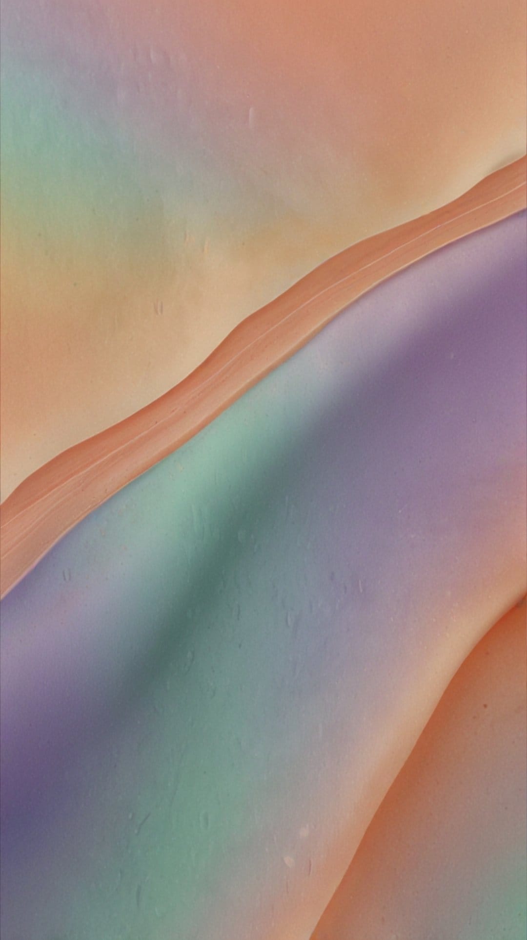 Pastel peach and lavender organic shapes swirl diagonally across a textured, rainbow-tinted vertical surface.