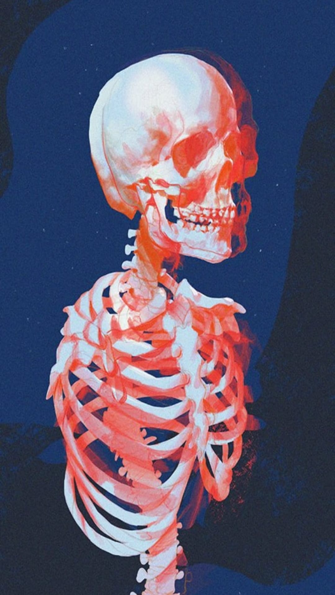 Crimson skeleton with white highlights floating in a dark blue starry void with celestial clouds and distant stars.