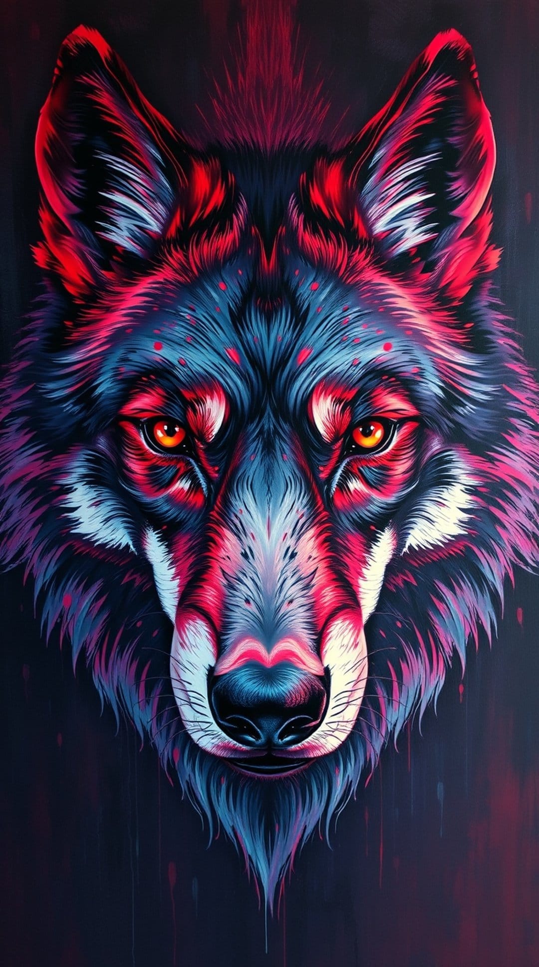 Wolf head with fur glowing in fuchsia and cyan light, featuring intense amber eyes on a dark background.